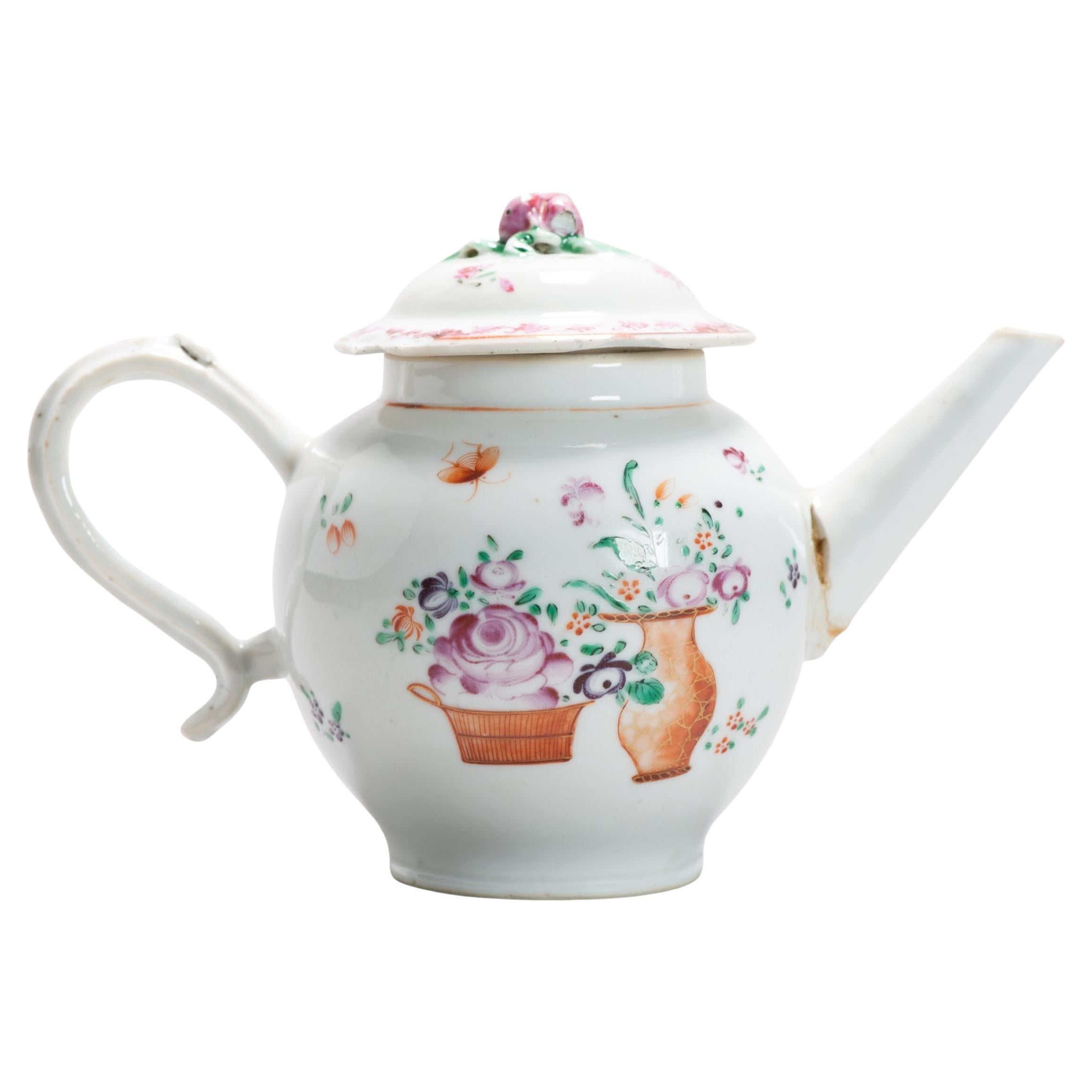 Antique Chinese Porcelain QIanlong Fencai Decorated Teapot Rose, Ca 1740