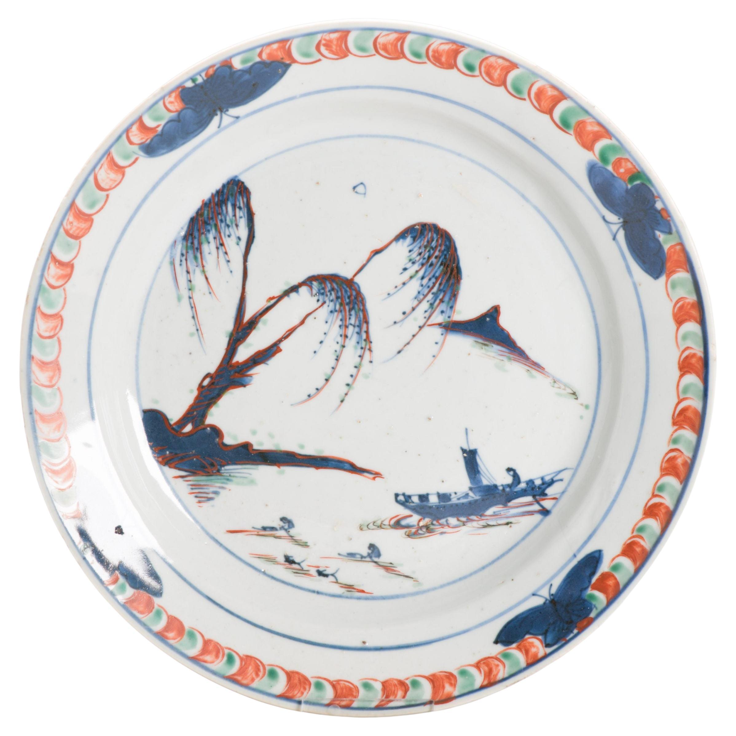 Antique Chinese Porcelain River Landscape Butterflies Dish Ko Akae, Early 17thC.