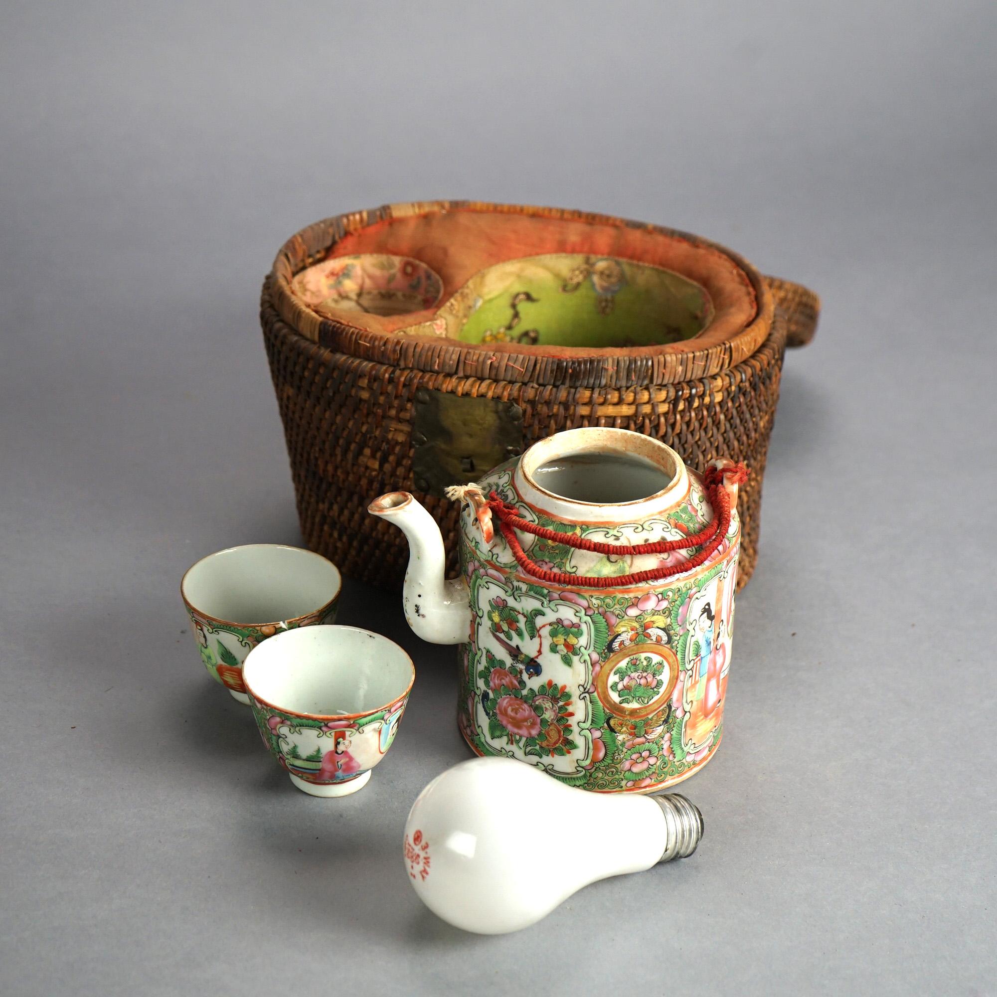 20th Century Antique Chinese Porcelain Rose Medallion Teapot Set In Basket Weave Case C1900 For Sale