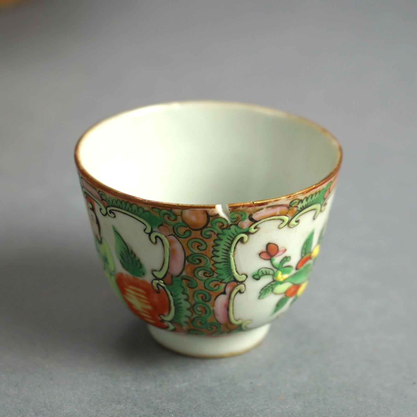 Antique Chinese Porcelain Rose Medallion Teapot Set In Basket Weave Case C1900 1