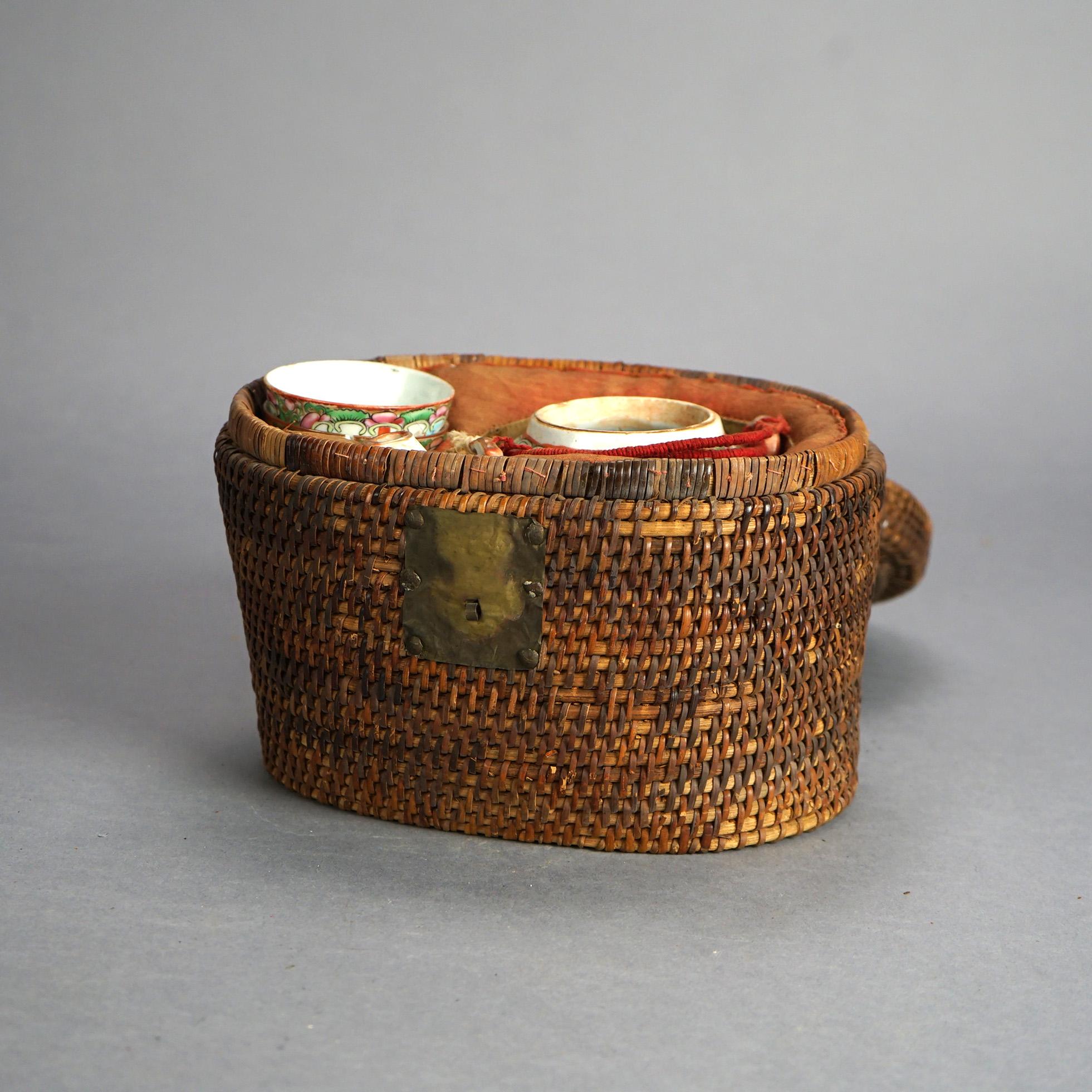 Antique Chinese Porcelain Rose Medallion Teapot Set In Basket Weave Case C1900 2