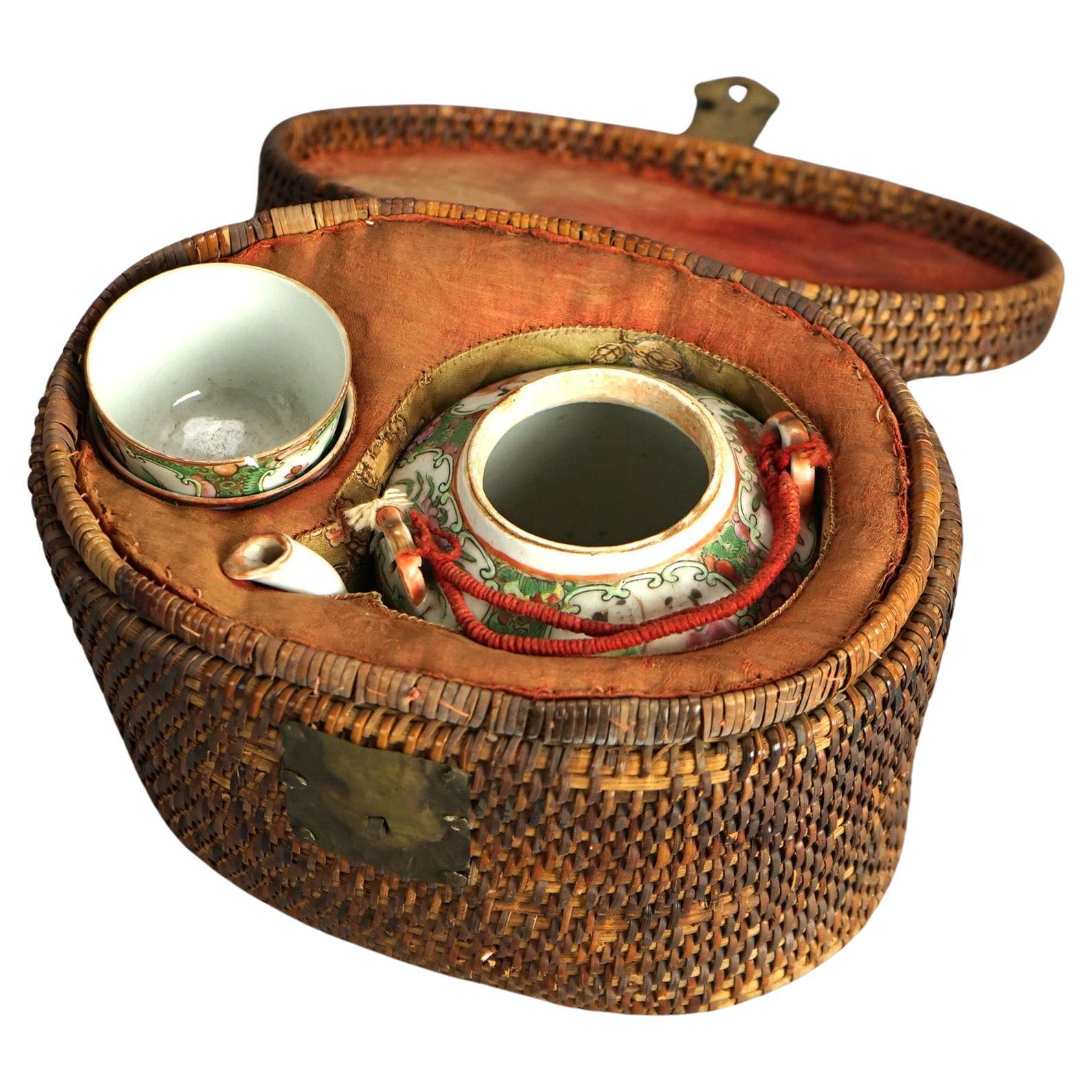 Antique Chinese Porcelain Rose Medallion Teapot Set In Basket Weave Case C1900 For Sale