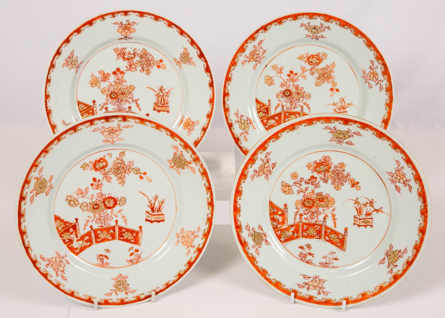 WHY WE LOVE IT: The orange is so beautiful
We are pleased to offer this set of four lovely Chinese export Rouge de Fer dessert plates, which date to the early 18th century, circa 1710. Painted in red and gold, the dishes show a garden with peonies