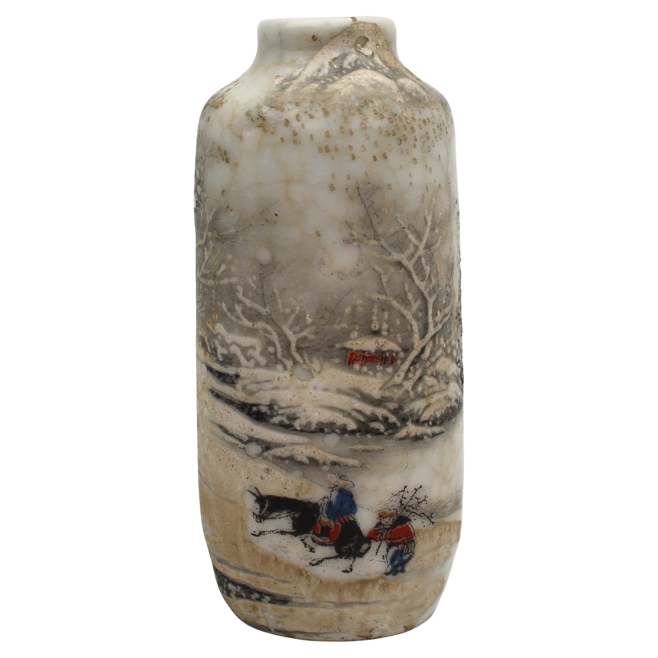 Antique Chinese Porcelain Snuff Bottle with Winter Landscape Relief, c.1900