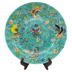 Ancienne assiette à 5 papillons en porcelaine de Chine à fond turquoise 10" Qing 18/19c