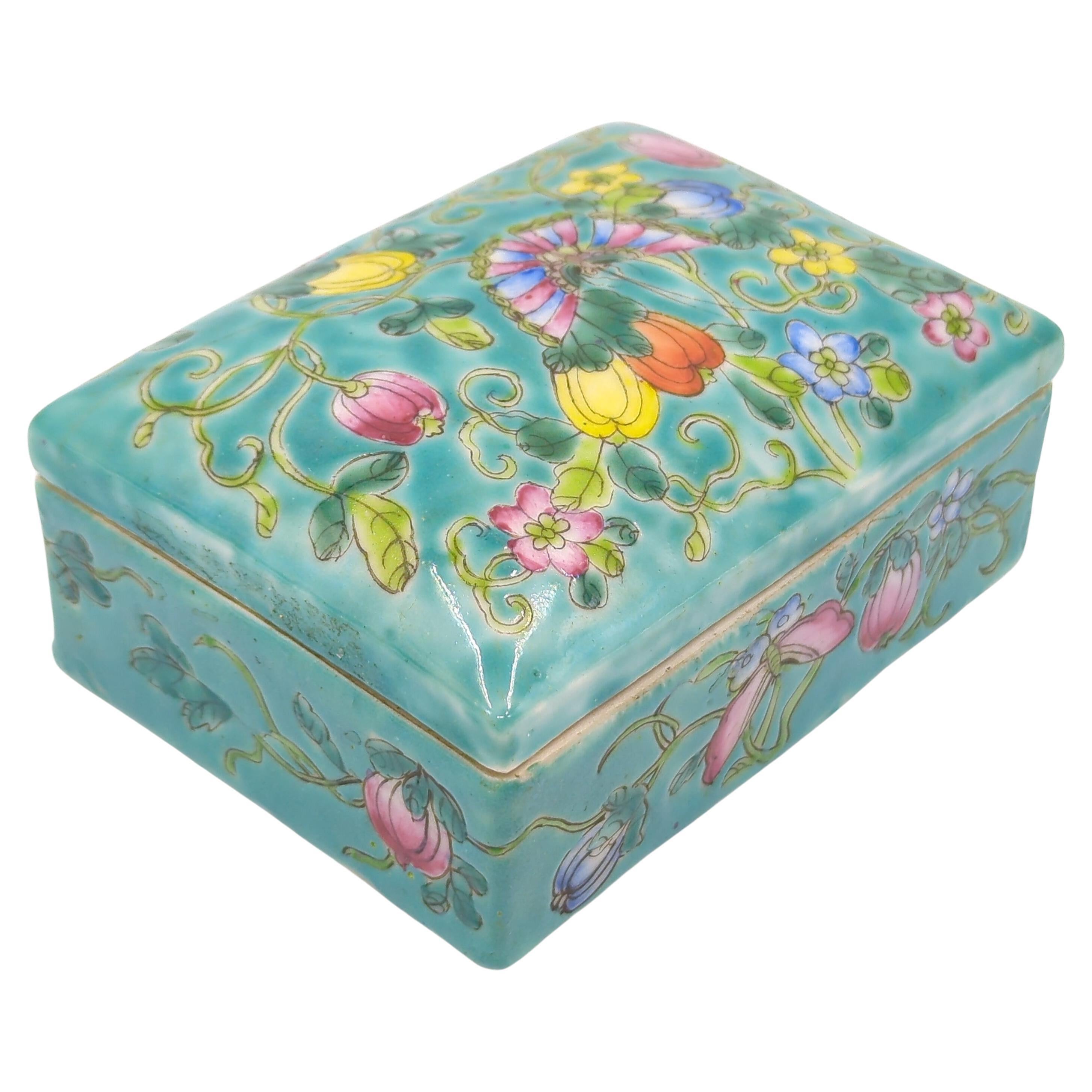 Artisan Antique Chinese Porcelain Turquoise Butterfly Covered Jewelry Box 19/20c  For Sale