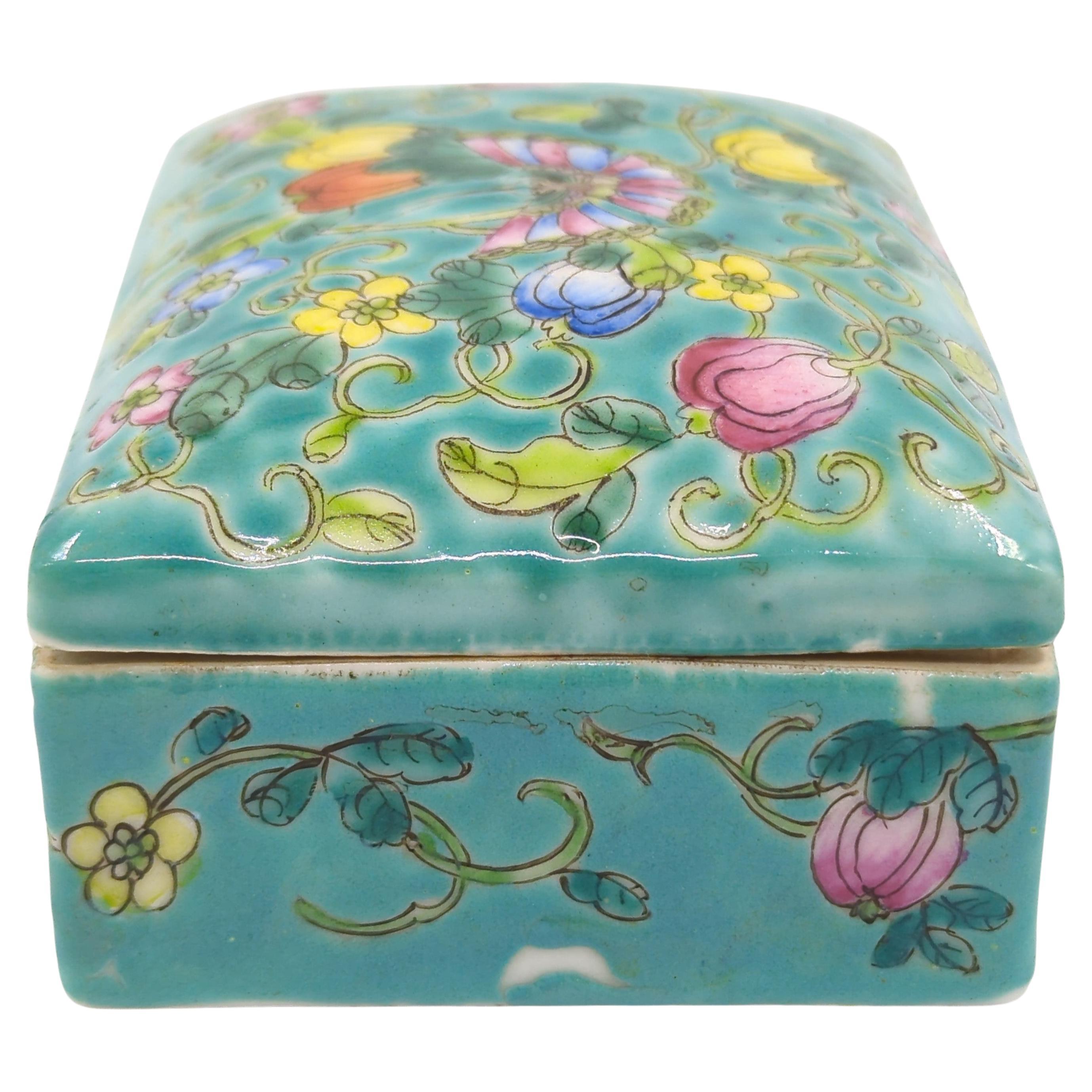 Women's or Men's Antique Chinese Porcelain Turquoise Butterfly Covered Jewelry Box 19/20c  For Sale