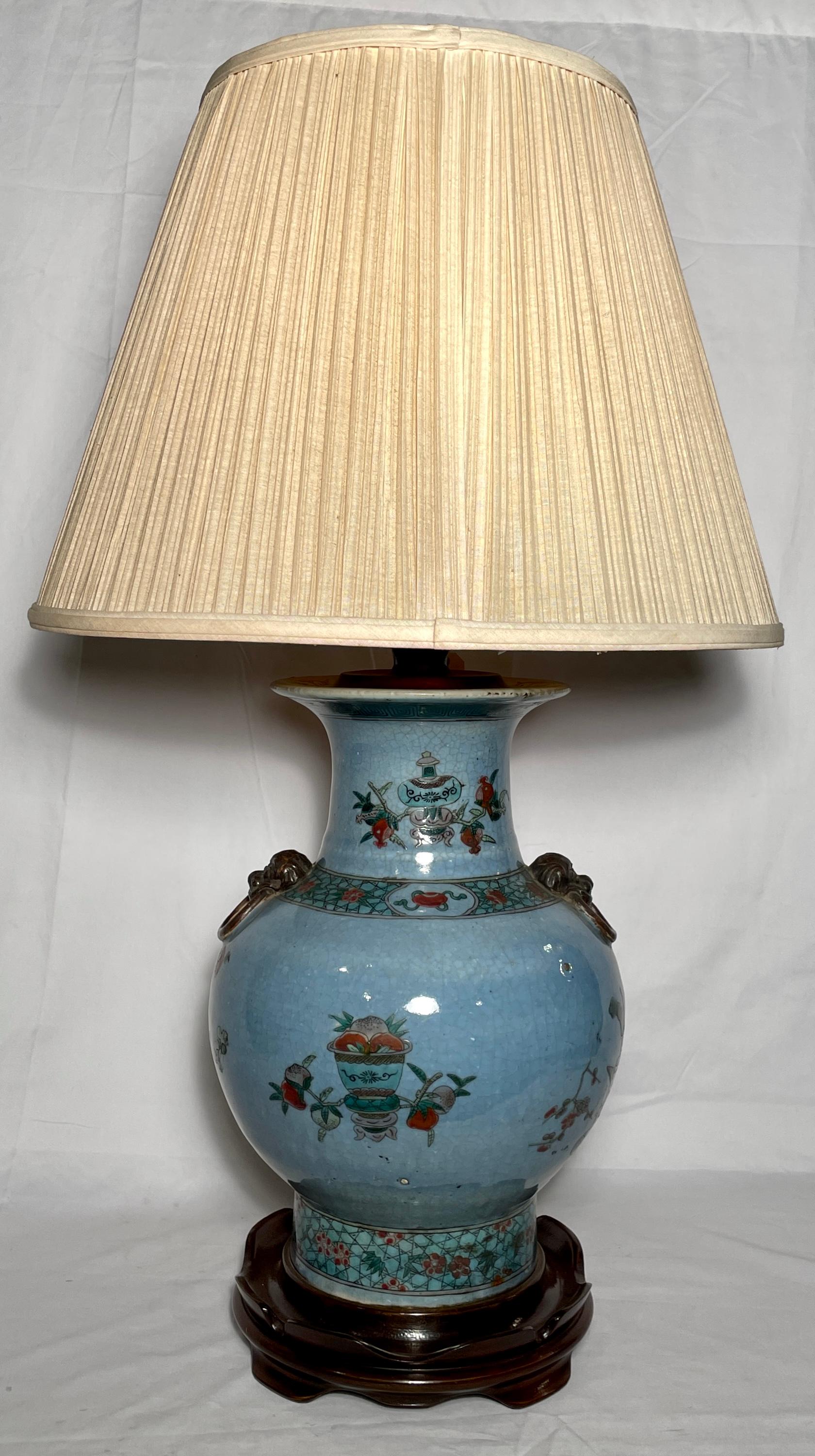 Antique Chinese Porcelain Vase Converted to Lamp on Custom Made Mahogany Base In Good Condition For Sale In New Orleans, LA