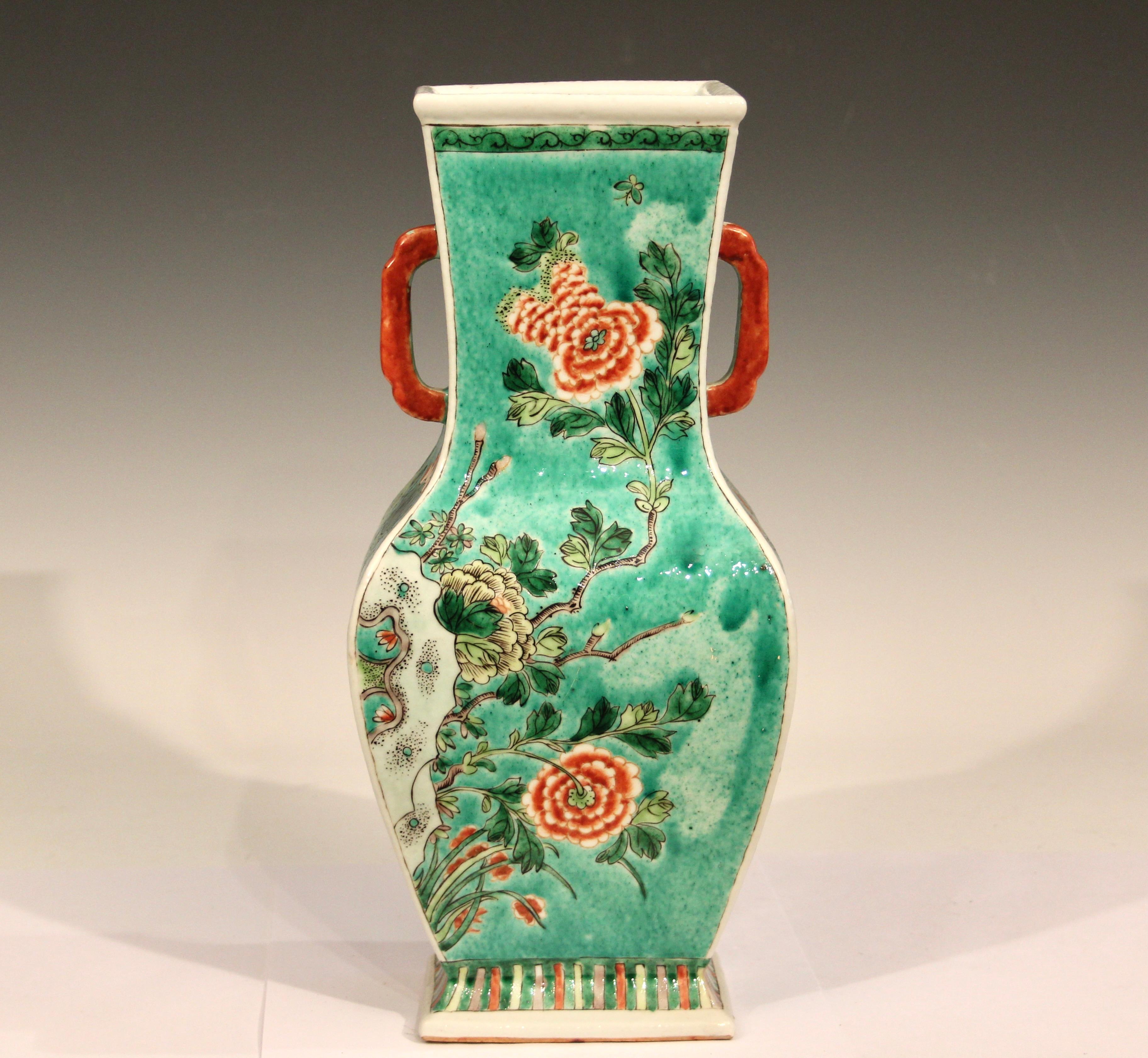 Antique Chinese porcelain, slab built, Famille Verte square vase, circa early 20th century. Decorated on each side with scenes of flora and fauna. Measures: 13 3/4
