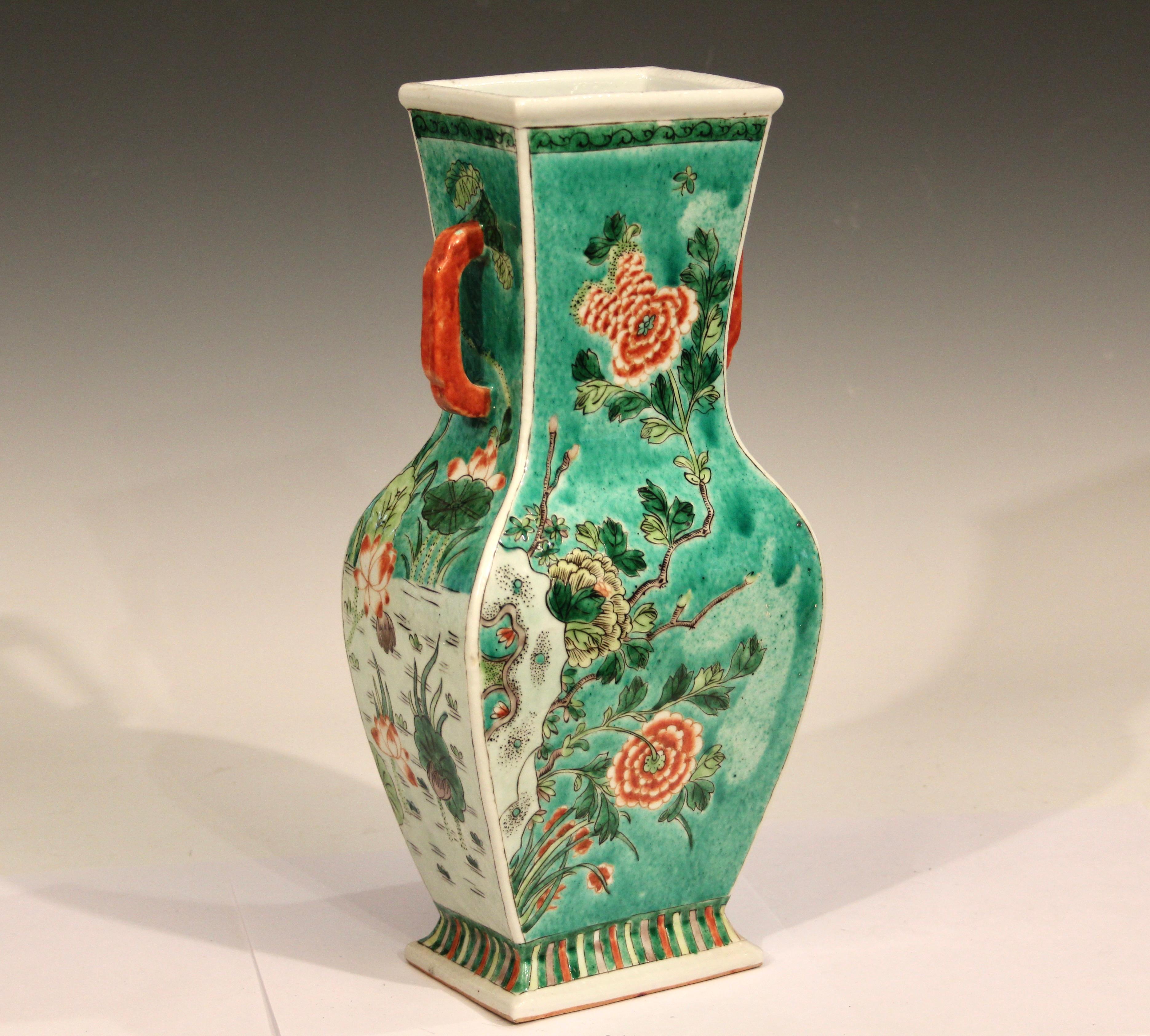 Qing Antique Chinese Porcelain Vase Lamp Famille Verte Square China Mark Signed