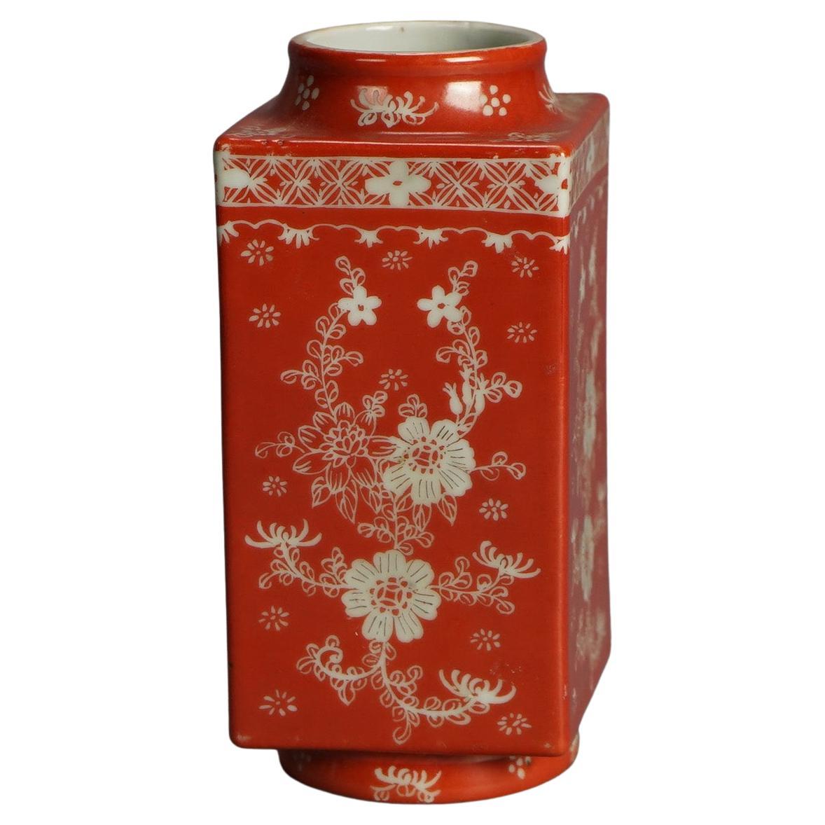 Antique Chinese Porcelain Vase, Orange with Floral Design C1920 For Sale