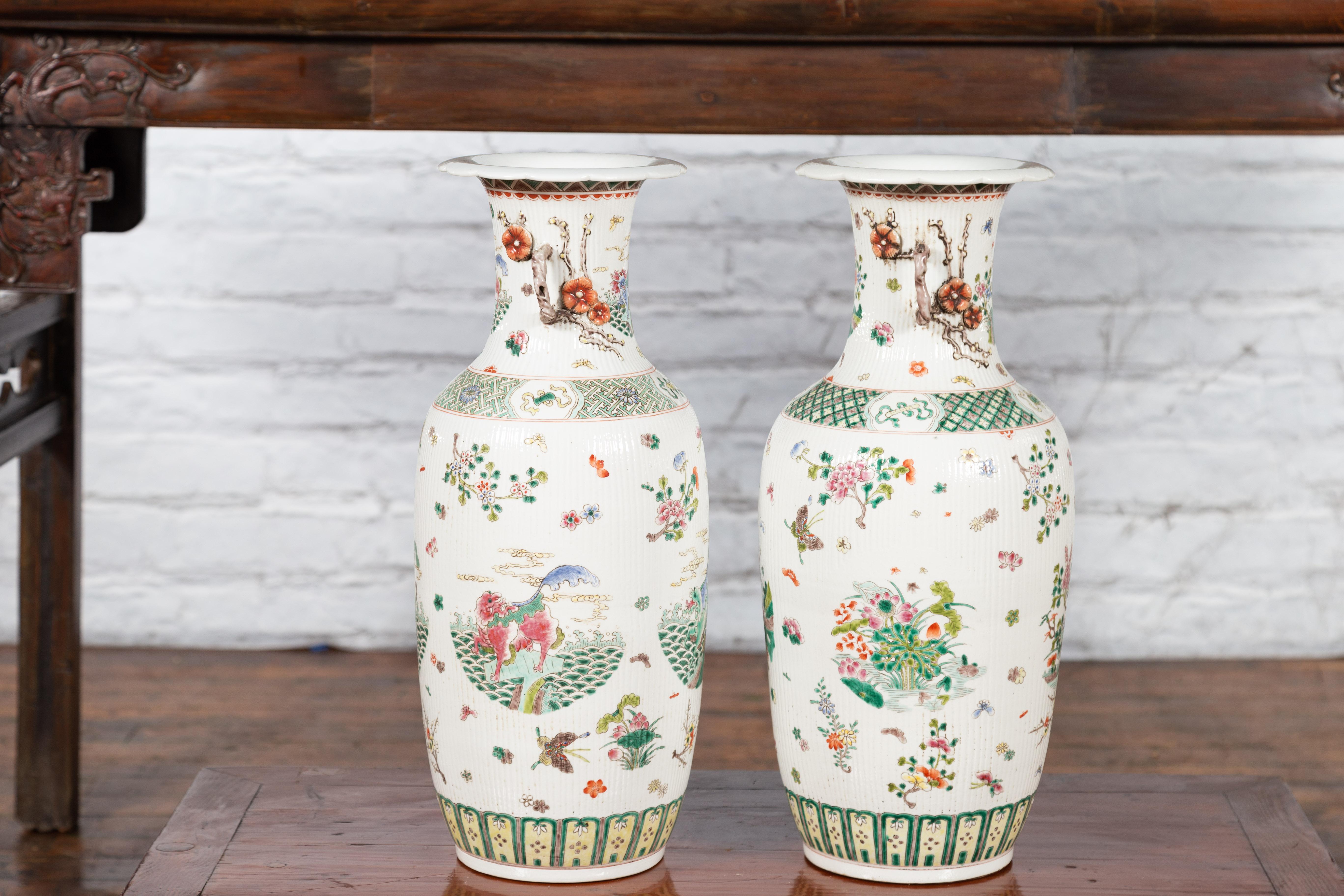 Antique Chinese Porcelain Vases with Hand-Painted Flowers and Mythical Animals 7