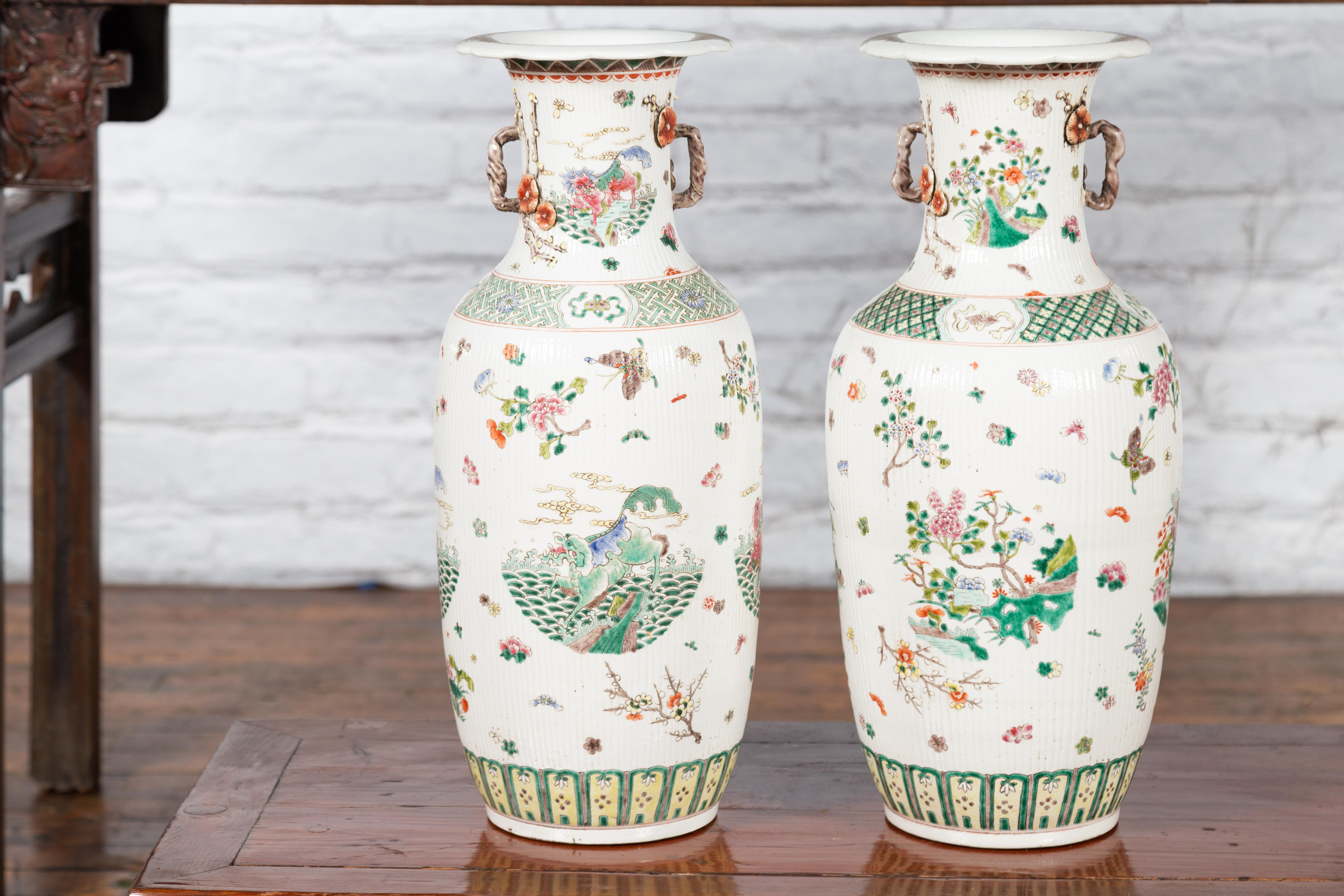 Antique Chinese Porcelain Vases with Hand-Painted Flowers and Mythical Animals 9