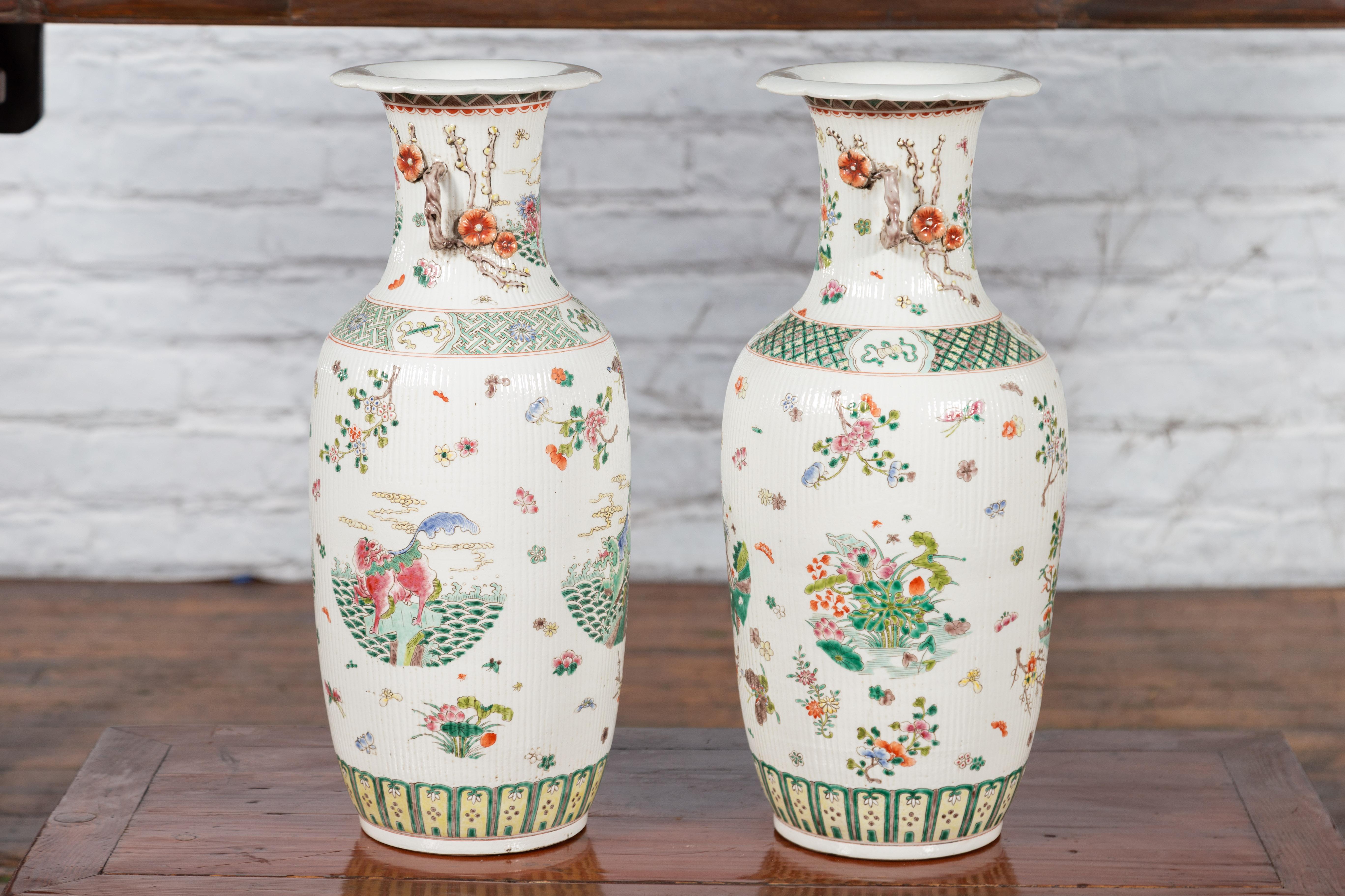 Antique Chinese Porcelain Vases with Hand-Painted Flowers and Mythical Animals 10