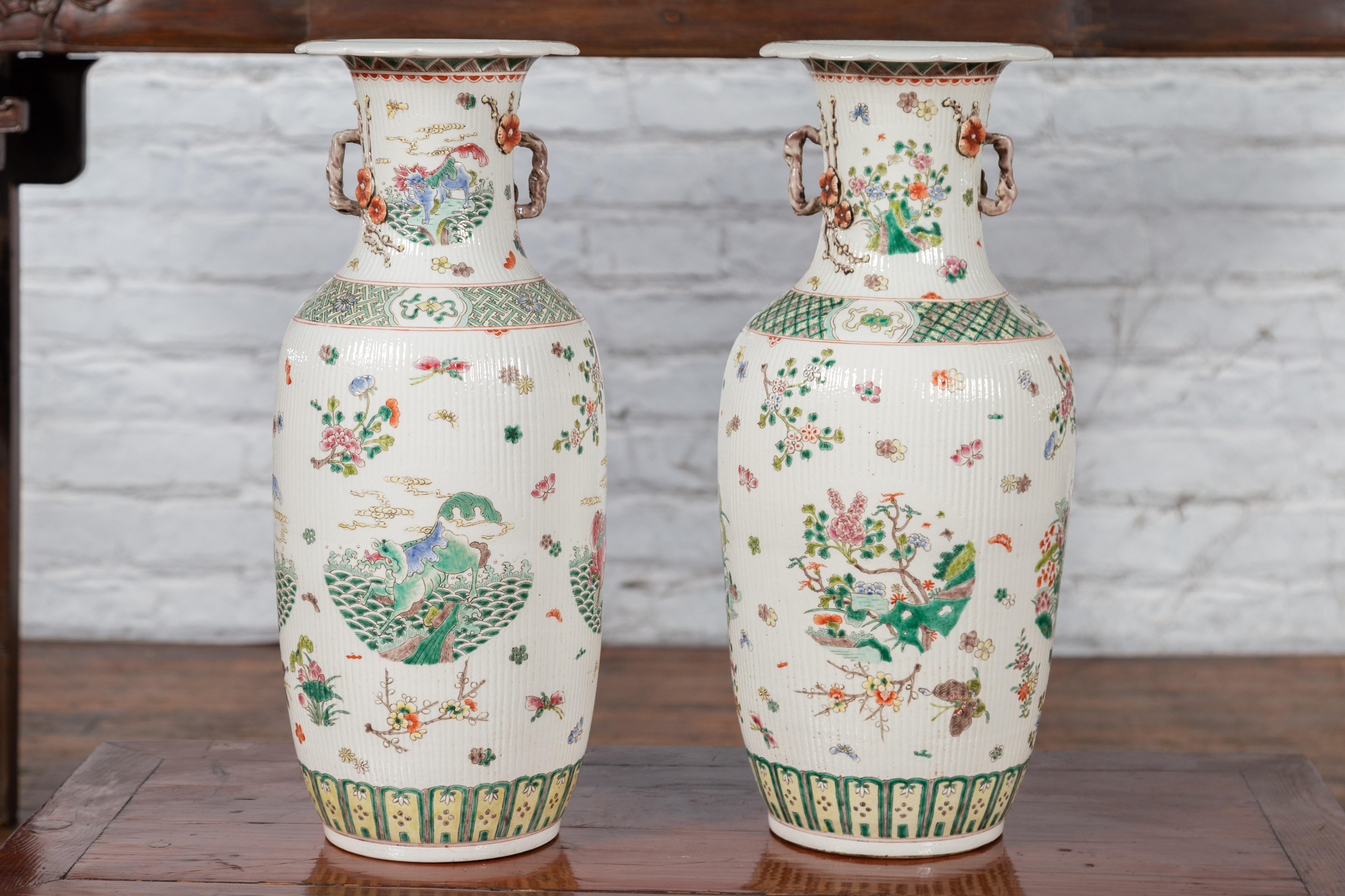 Antique Chinese Porcelain Vases with Hand-Painted Flowers and Mythical Animals In Good Condition In Yonkers, NY