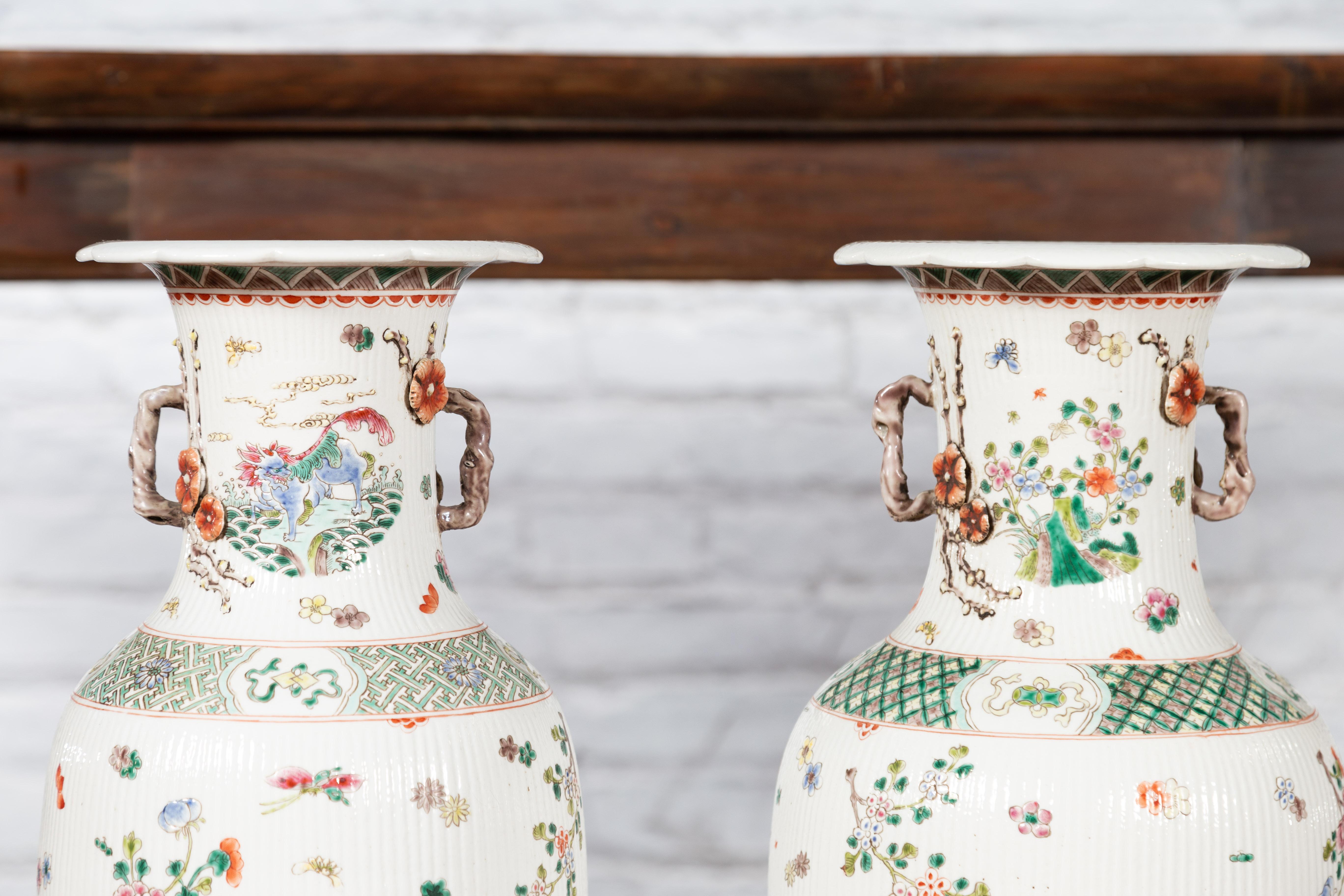 20th Century Antique Chinese Porcelain Vases with Hand-Painted Flowers and Mythical Animals