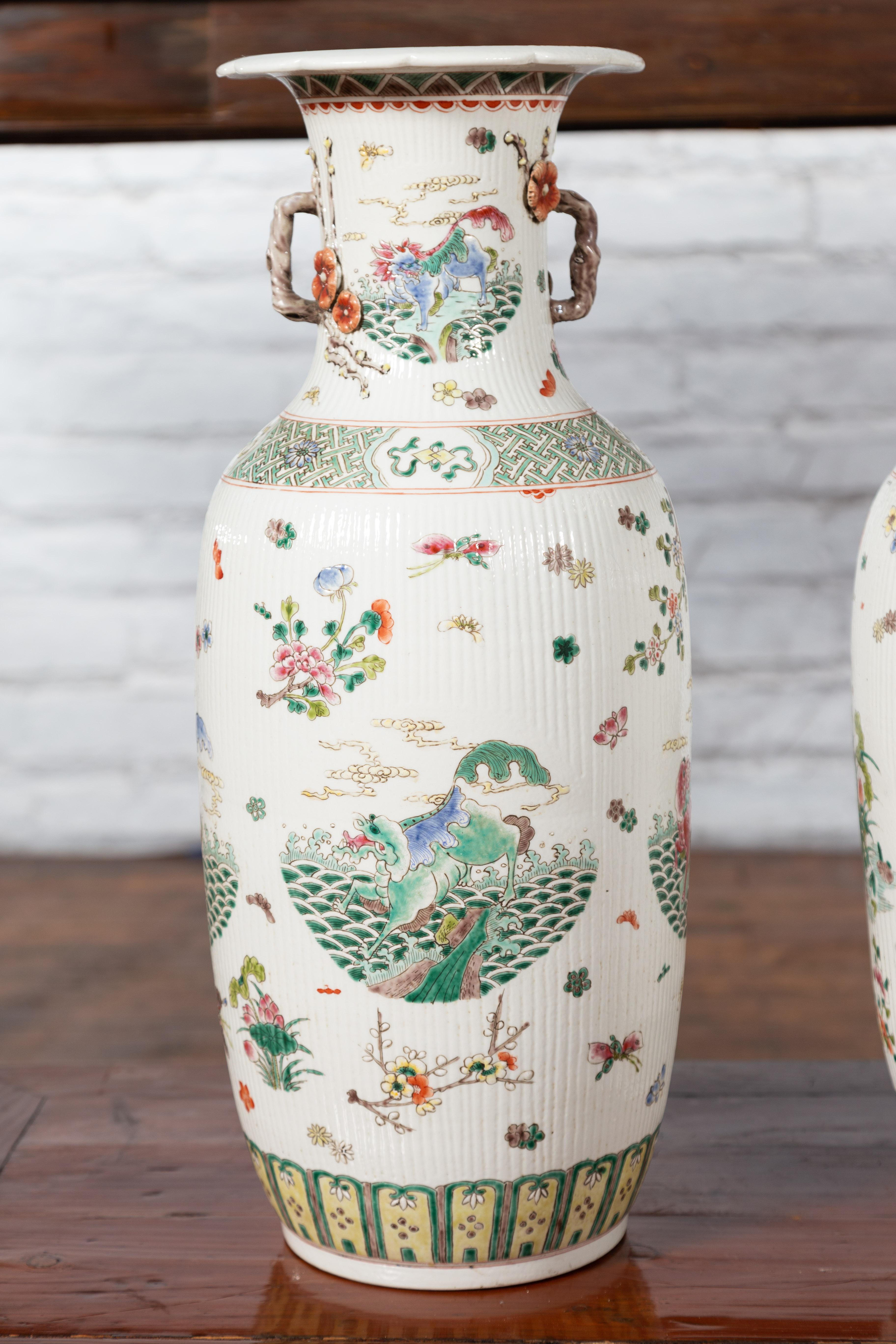 Antique Chinese Porcelain Vases with Hand-Painted Flowers and Mythical Animals 1