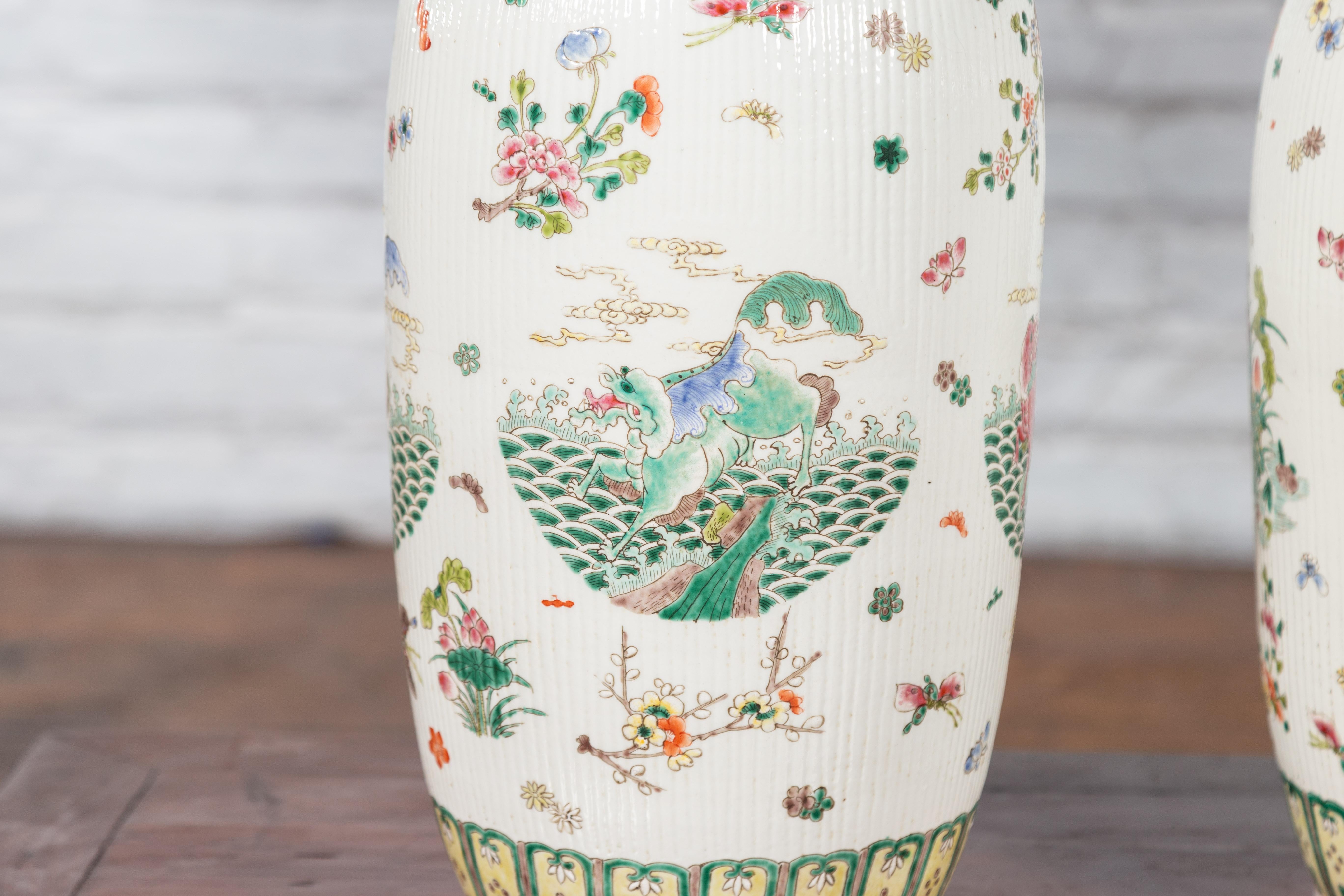 Antique Chinese Porcelain Vases with Hand-Painted Flowers and Mythical Animals 3