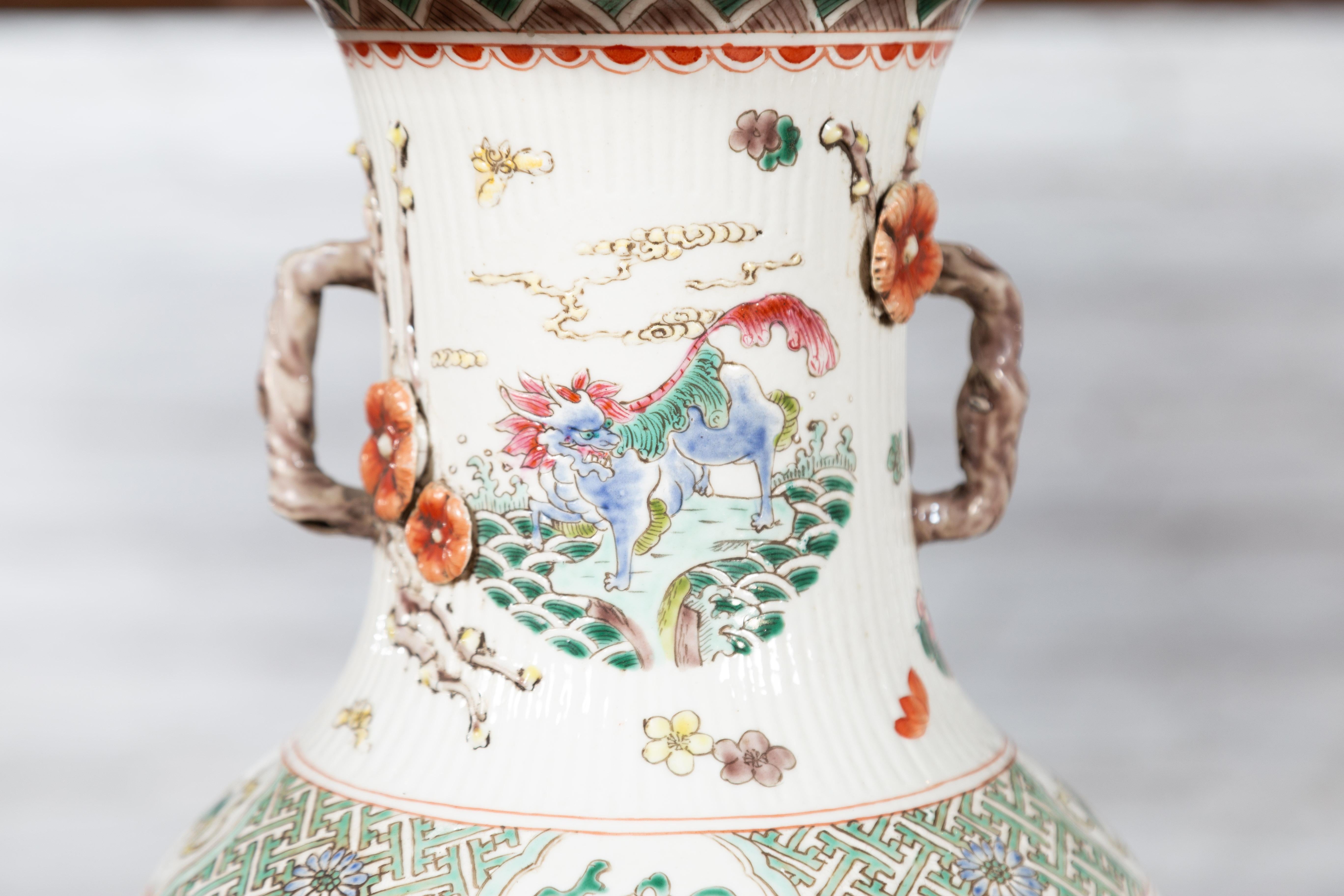 Antique Chinese Porcelain Vases with Hand-Painted Flowers and Mythical Animals 5