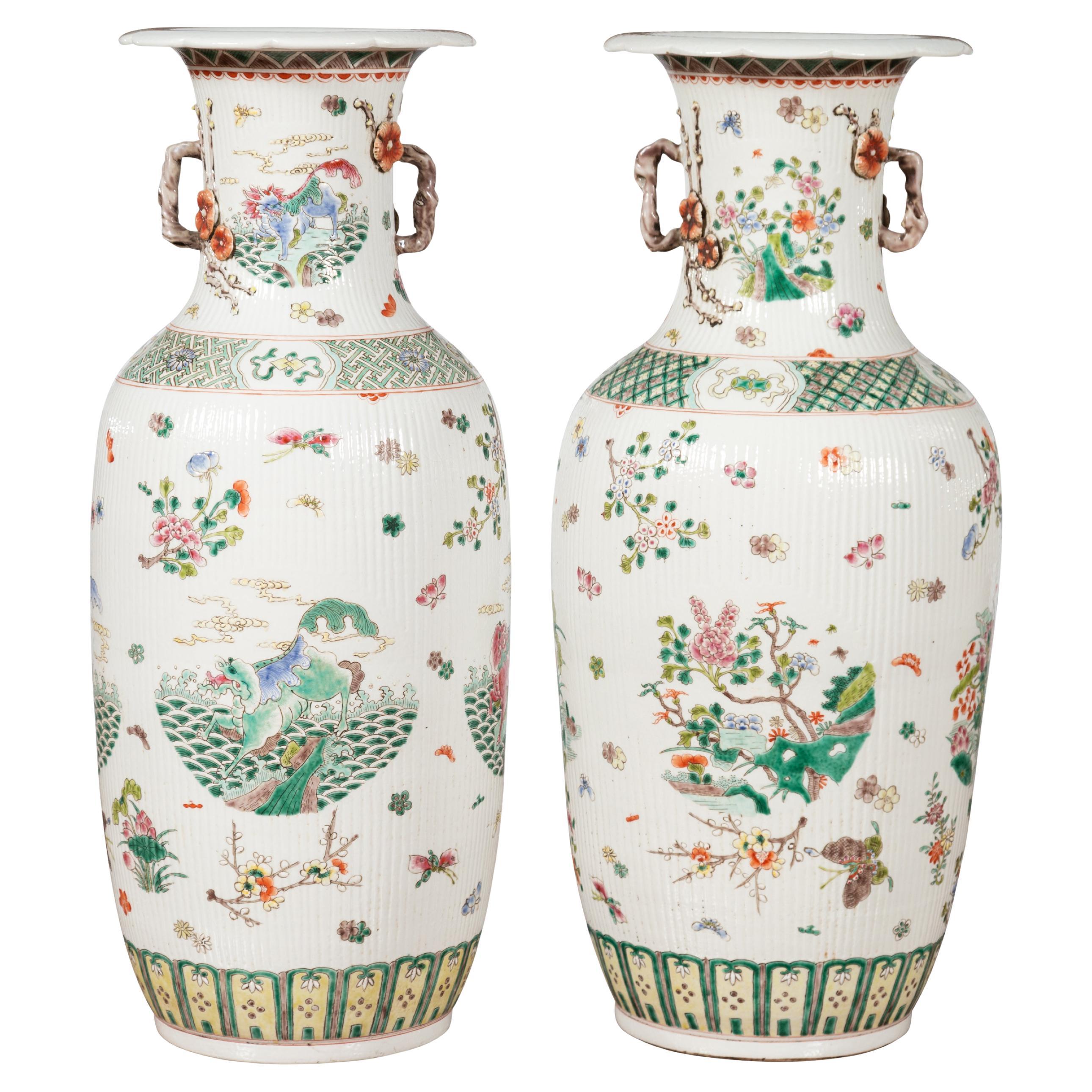 Antique Chinese Porcelain Vases with Hand-Painted Flowers and Mythical Animals