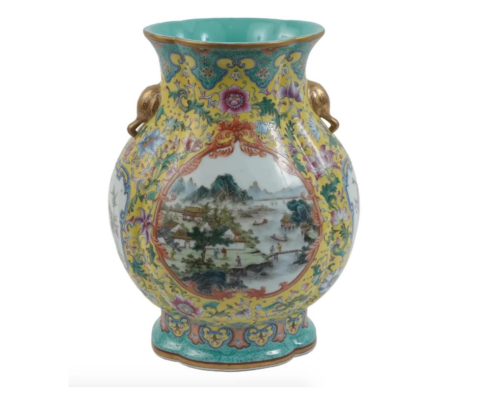 Antique Chinese Porcelain Yellow Ground Hu Vase In Good Condition For Sale In New York, NY