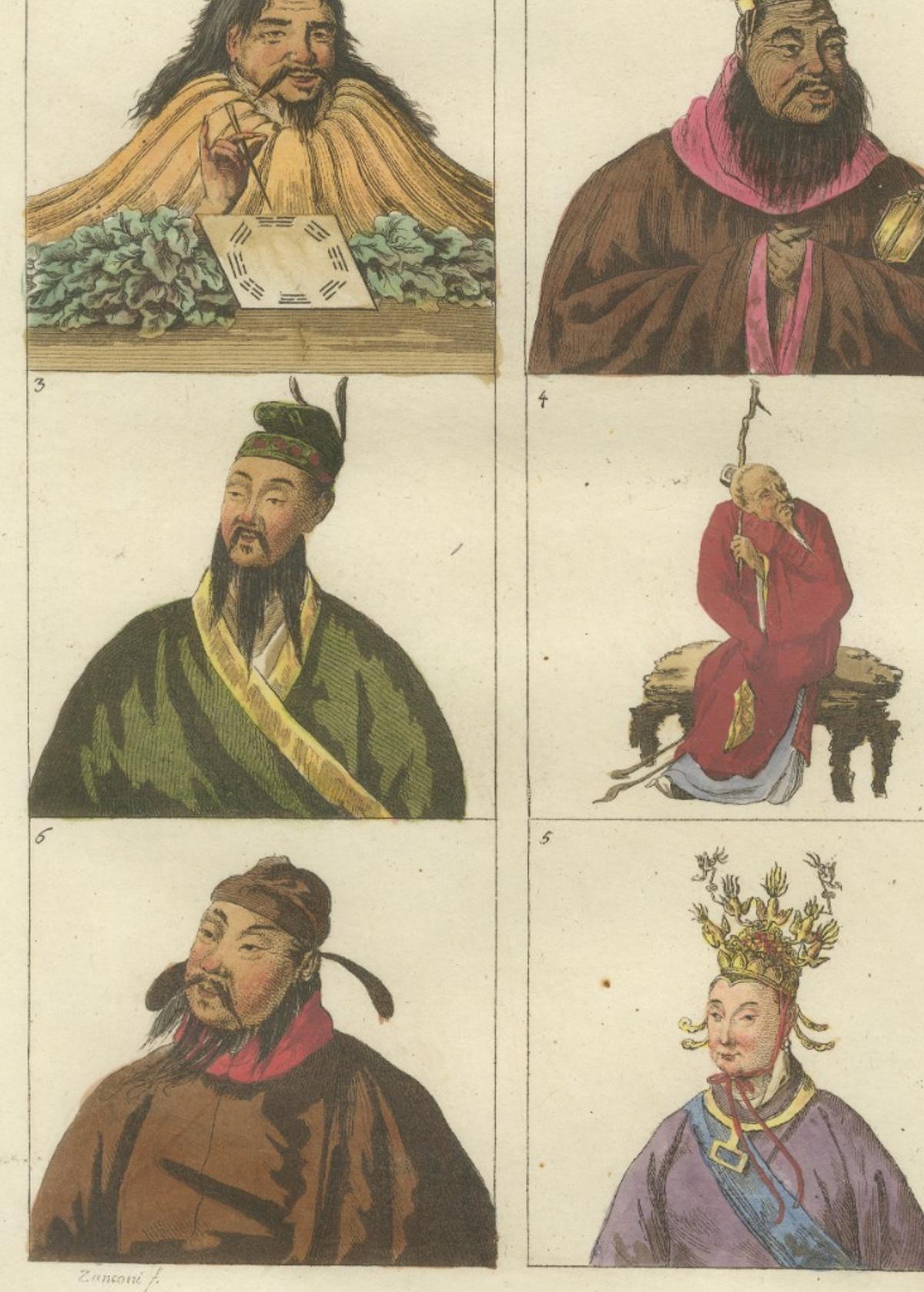 Antique Chinese Portraits Print – Confucius & Early Emperors, Ferrario, 1815