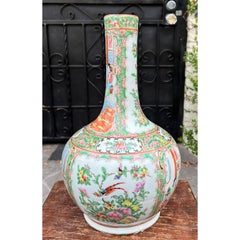 Antique Chinese Pottery Rose Medallion Bottle Vase, Early 19th Century