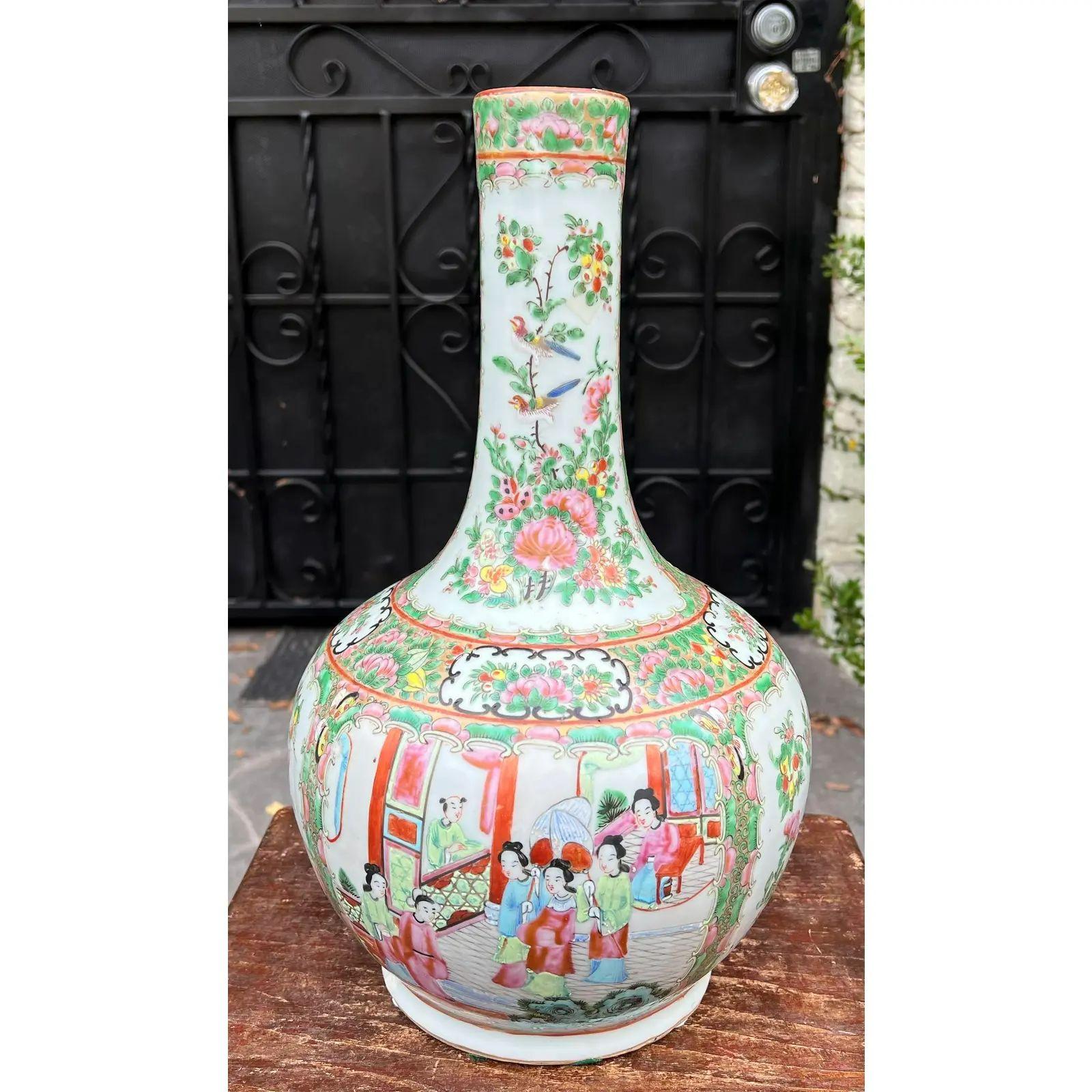 Chinese Export Antique Chinese Pottery Rose Medallion Bottle Vase, Early 19th Century For Sale