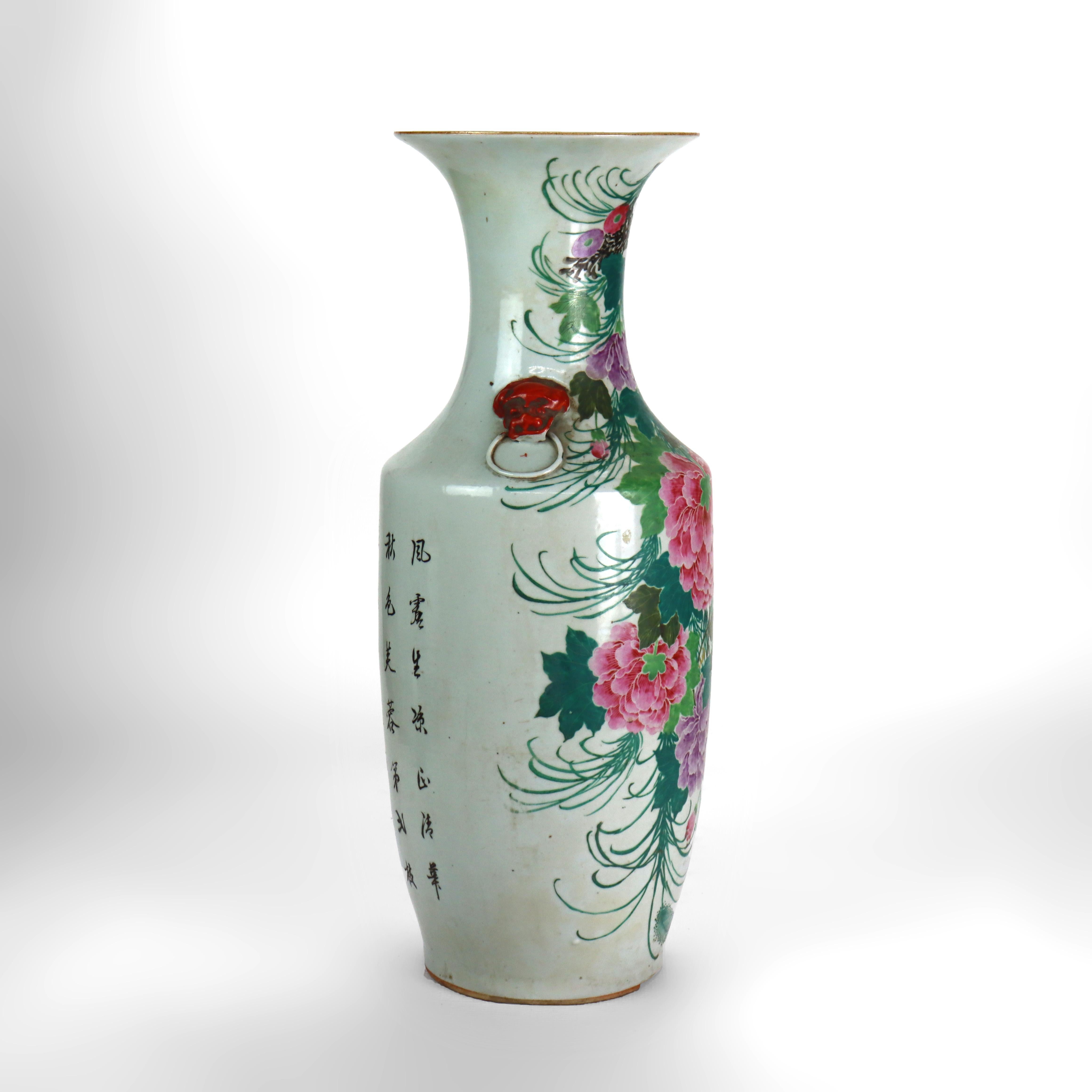 Antico vaso alto in ceramica cinese con fiori e calligrafia c1890 in vendita 5