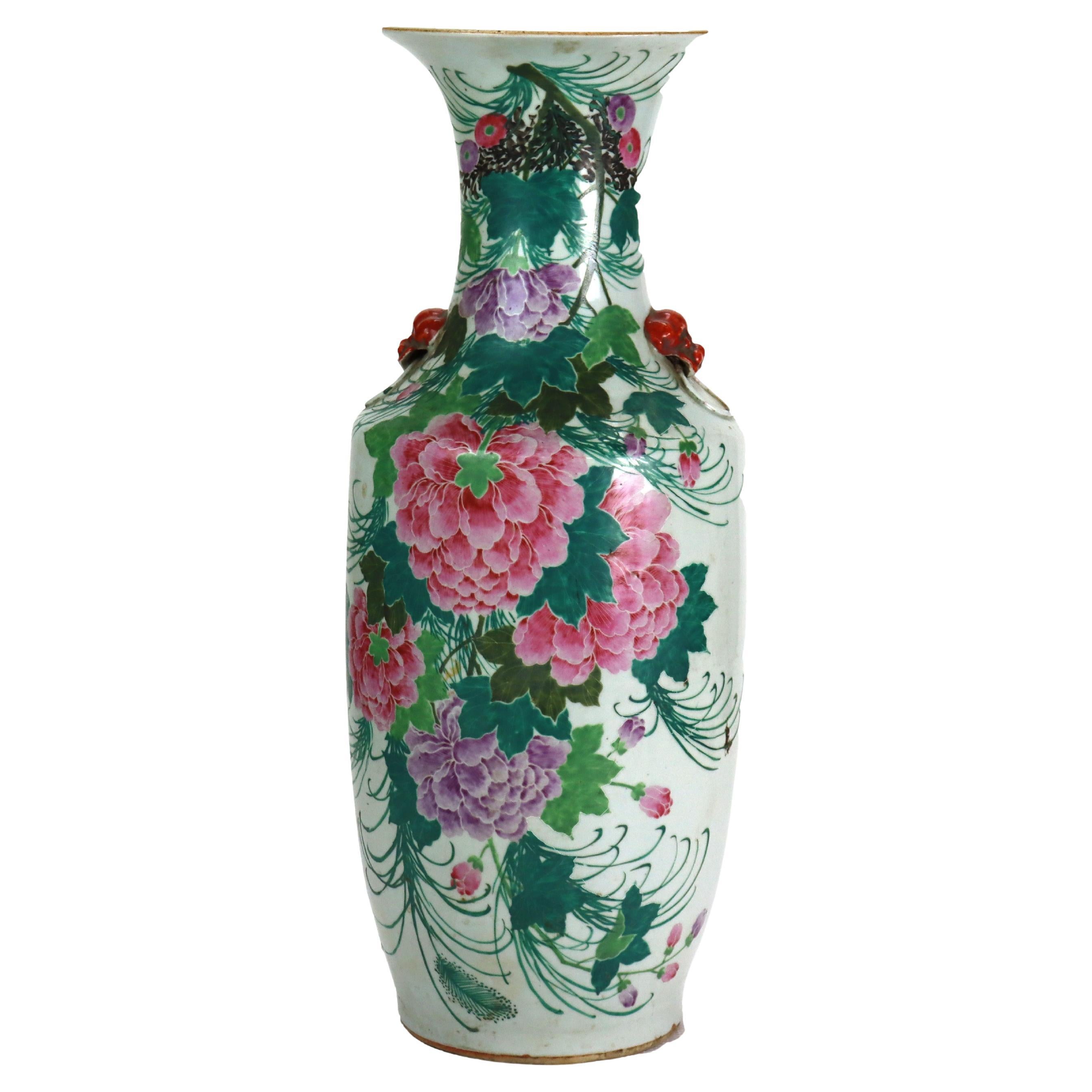 Antique Chinese Pottery Tall Vase With With Floral 
Calligraphy c1890