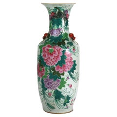 Antique Chinese Pottery Tall Vase With With Floral & Calligraphy c1890