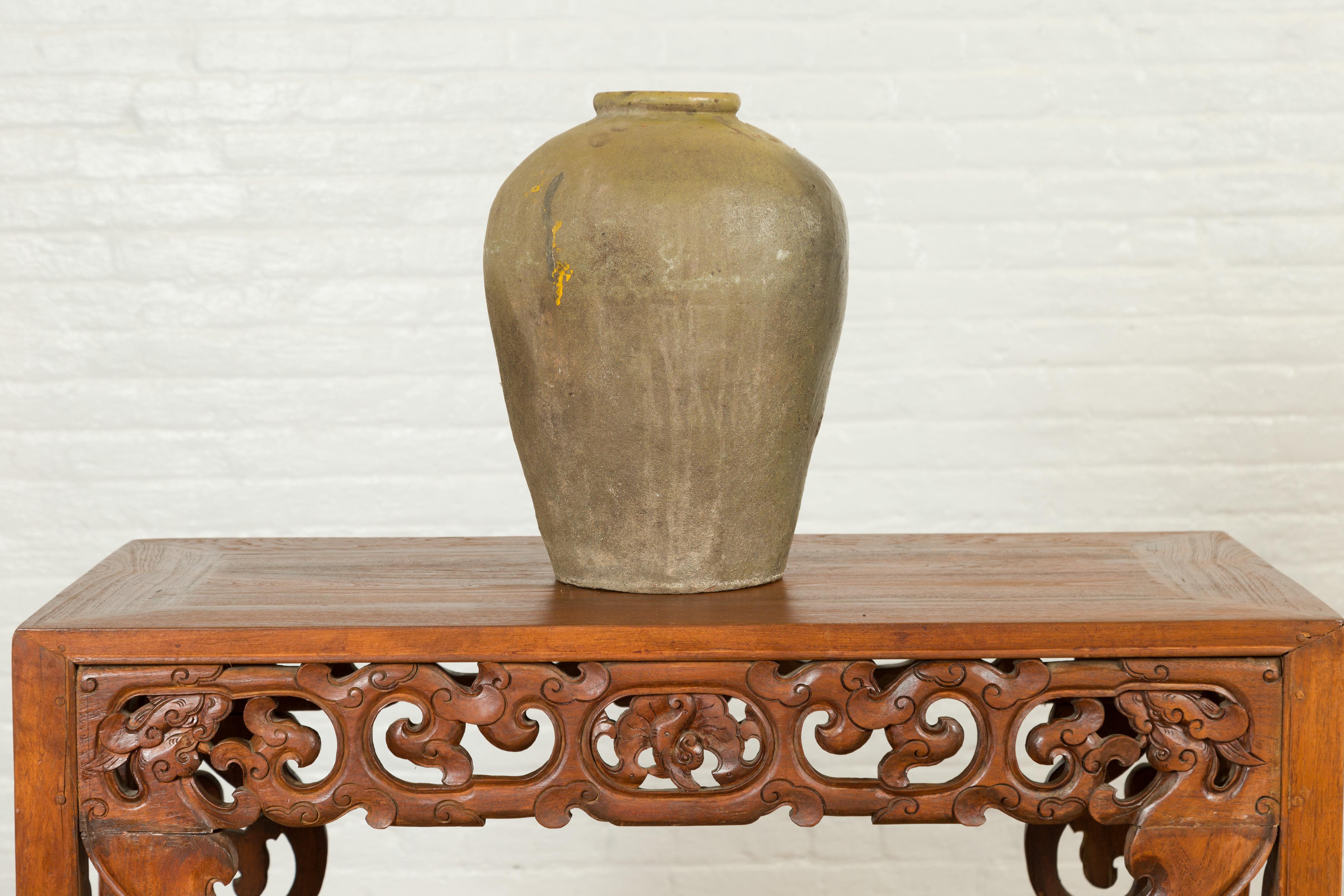 Glazed Antique Chinese Water Jar with Sand Glaze Verdigris Patina