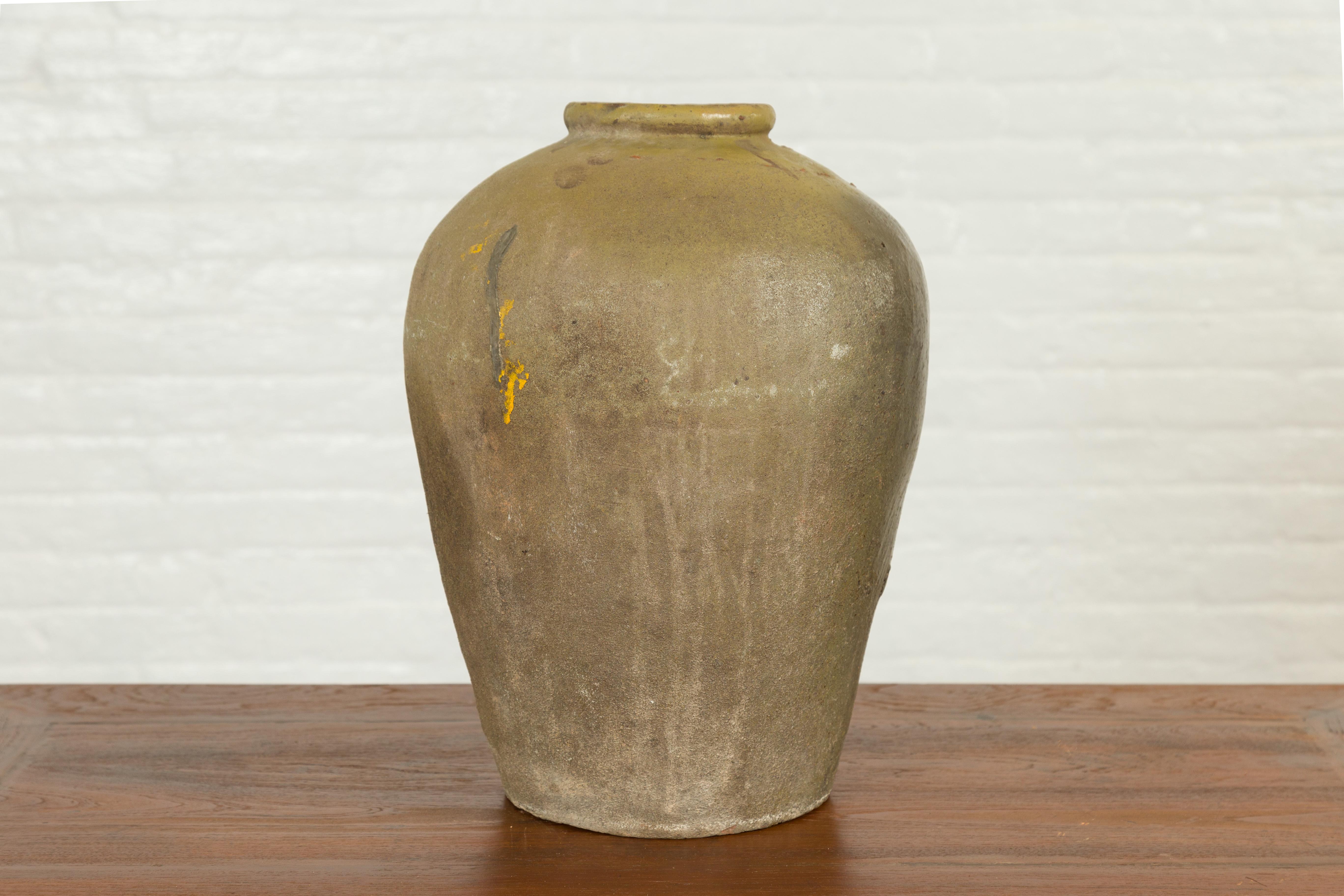 Antique Chinese Water Jar with Sand Glaze Verdigris Patina In Good Condition In Yonkers, NY