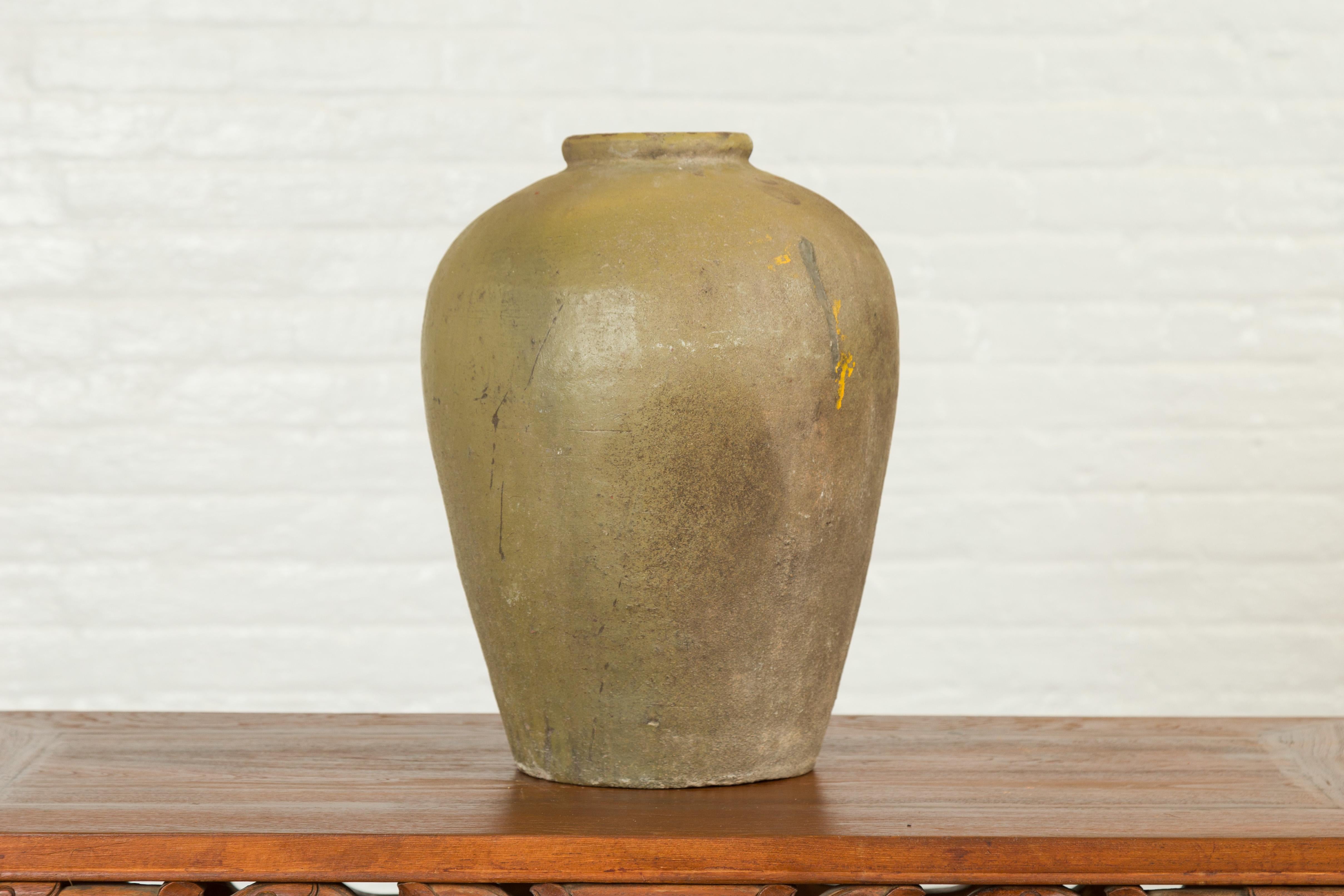 19th Century Antique Chinese Water Jar with Sand Glaze Verdigris Patina