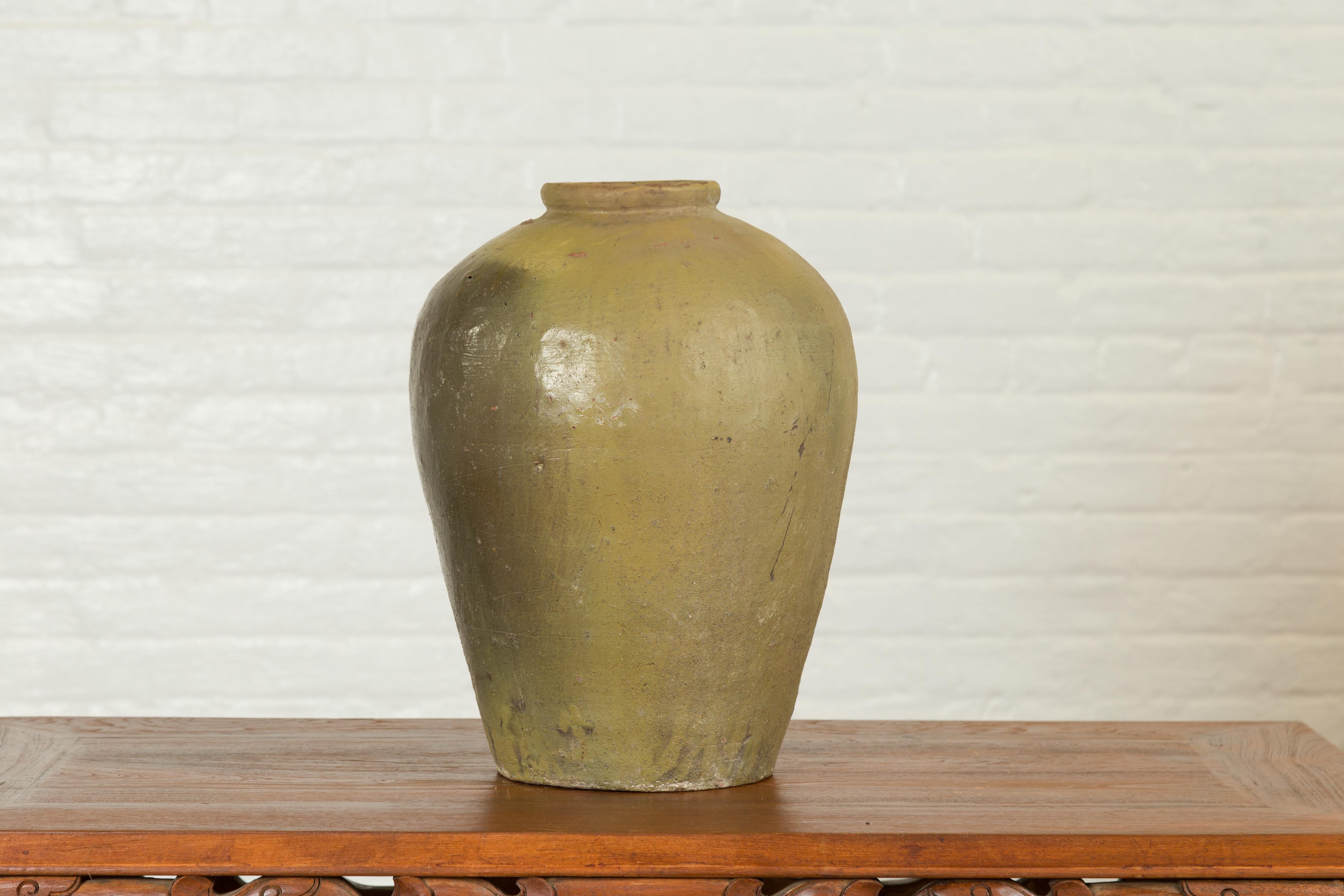 Ceramic Antique Chinese Water Jar with Sand Glaze Verdigris Patina