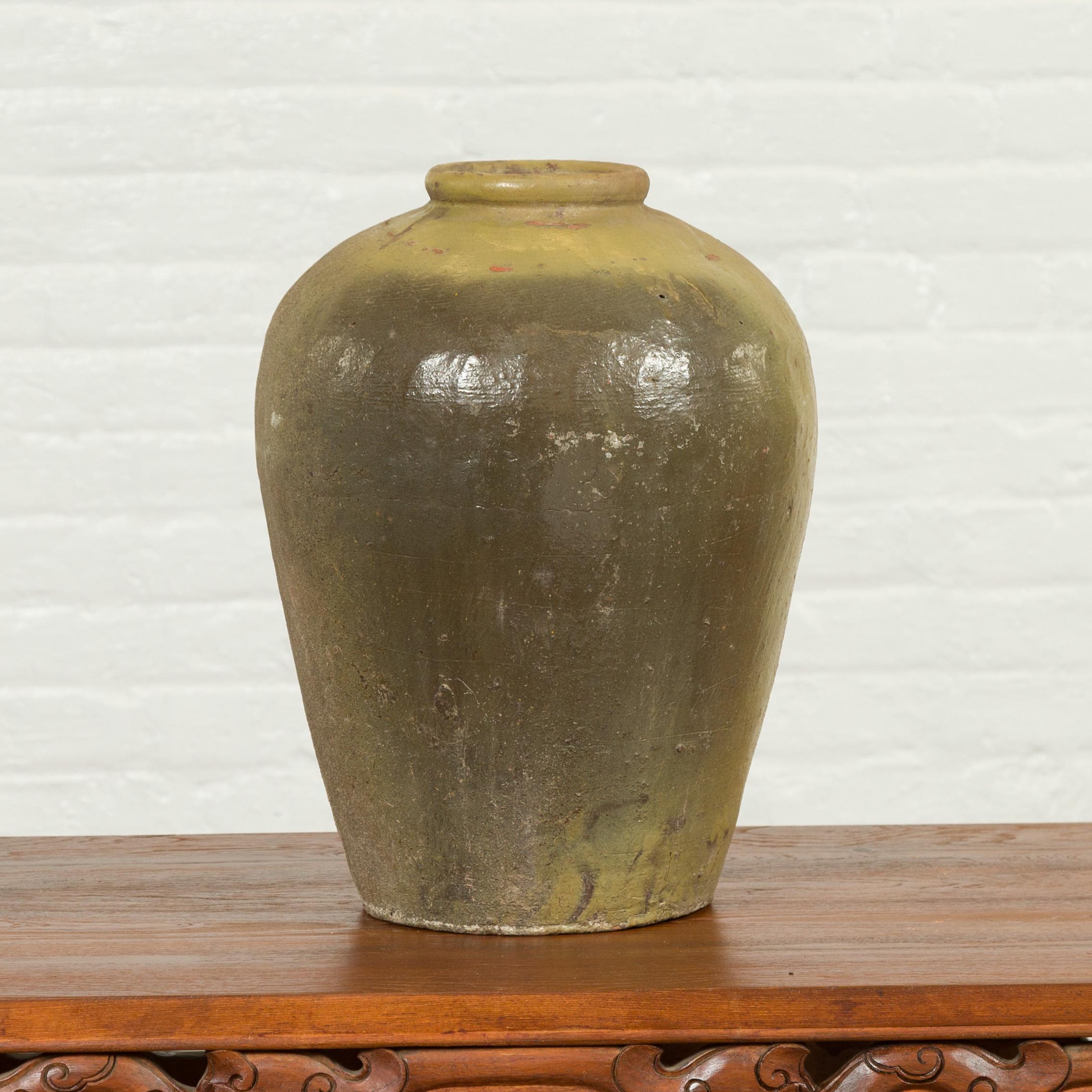 Antique Chinese Water Jar with Sand Glaze Verdigris Patina 1