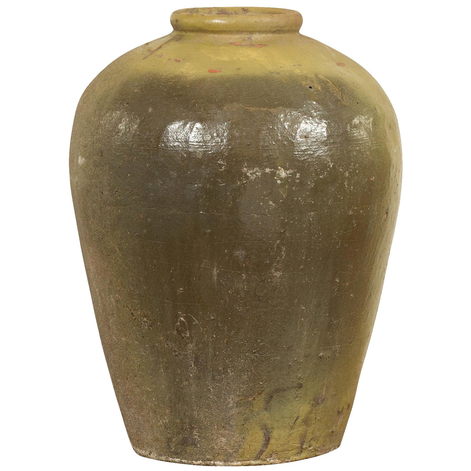 Antique Chinese Water Jar with Sand Glaze Verdigris Patina