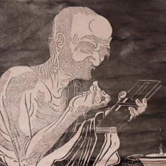 Antique Chinese Printed Ink Rubbing of Panthaka Arhat, (scroll mounted)