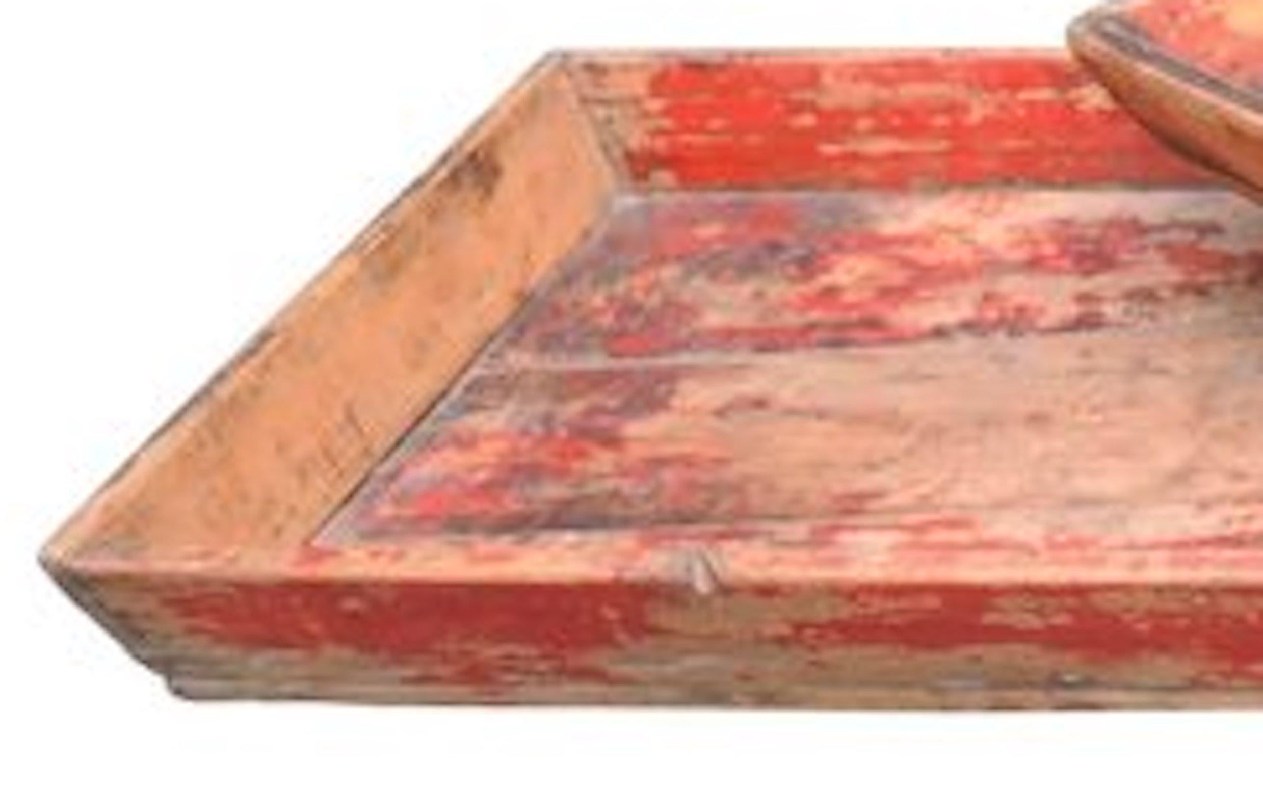Late 19th Century  Antique Chinese Provincial Wood Trays with Worn Red Paint