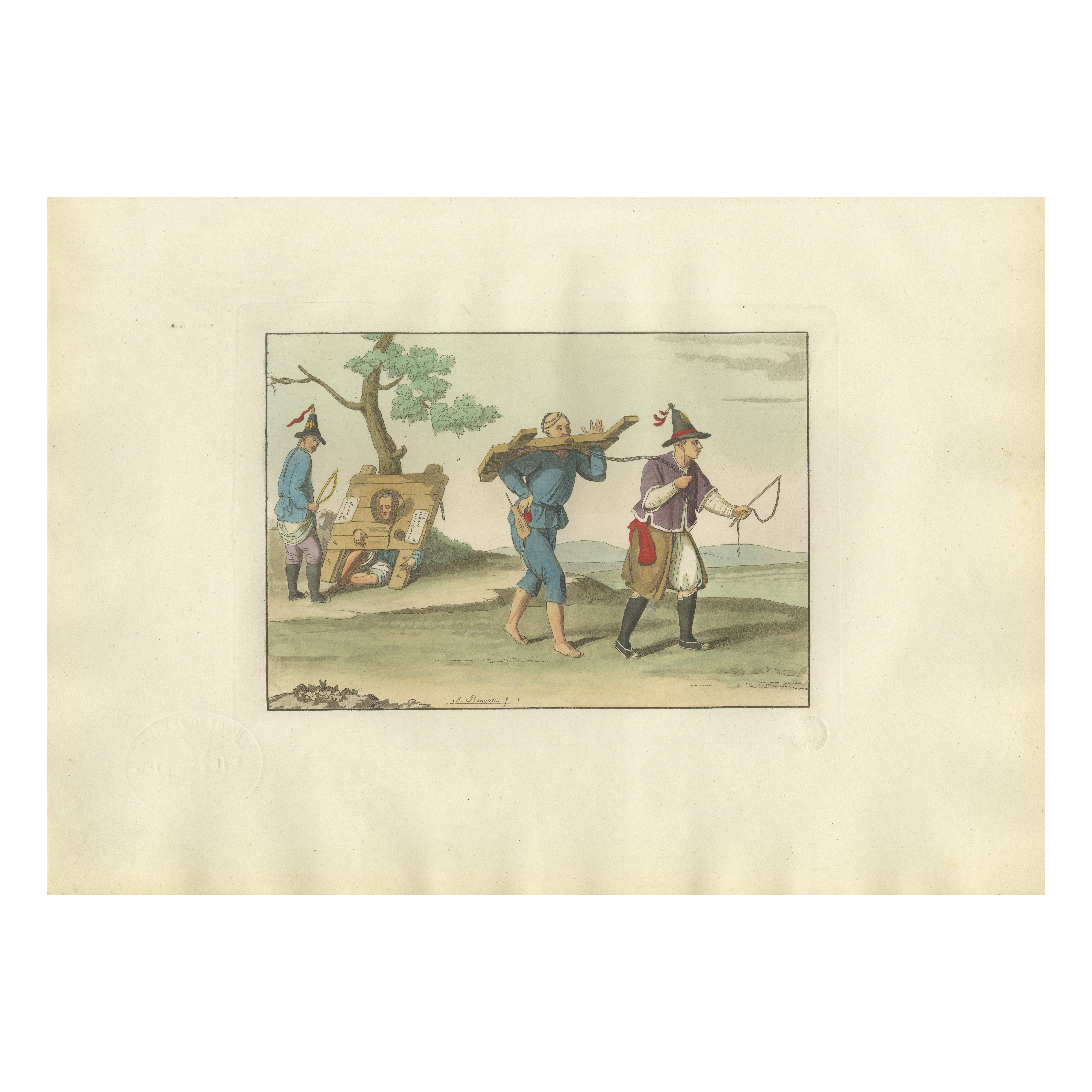 Antique Chinese Punishment Scene Print – Cangue Prisoners, Ferrario, 1815