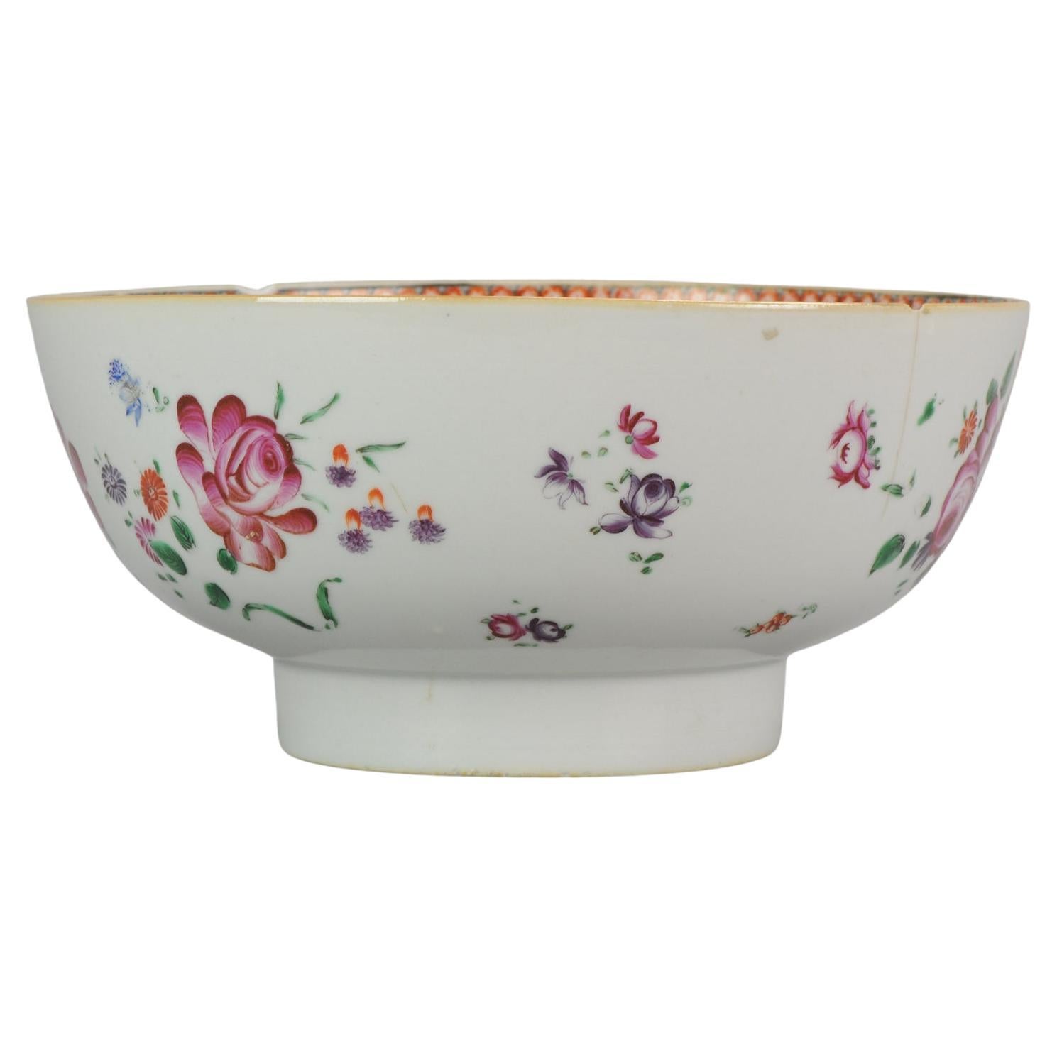 Antica ciotola cinese del periodo Qianlong Famille Rose Qing Lowestoft, XVIII secolo