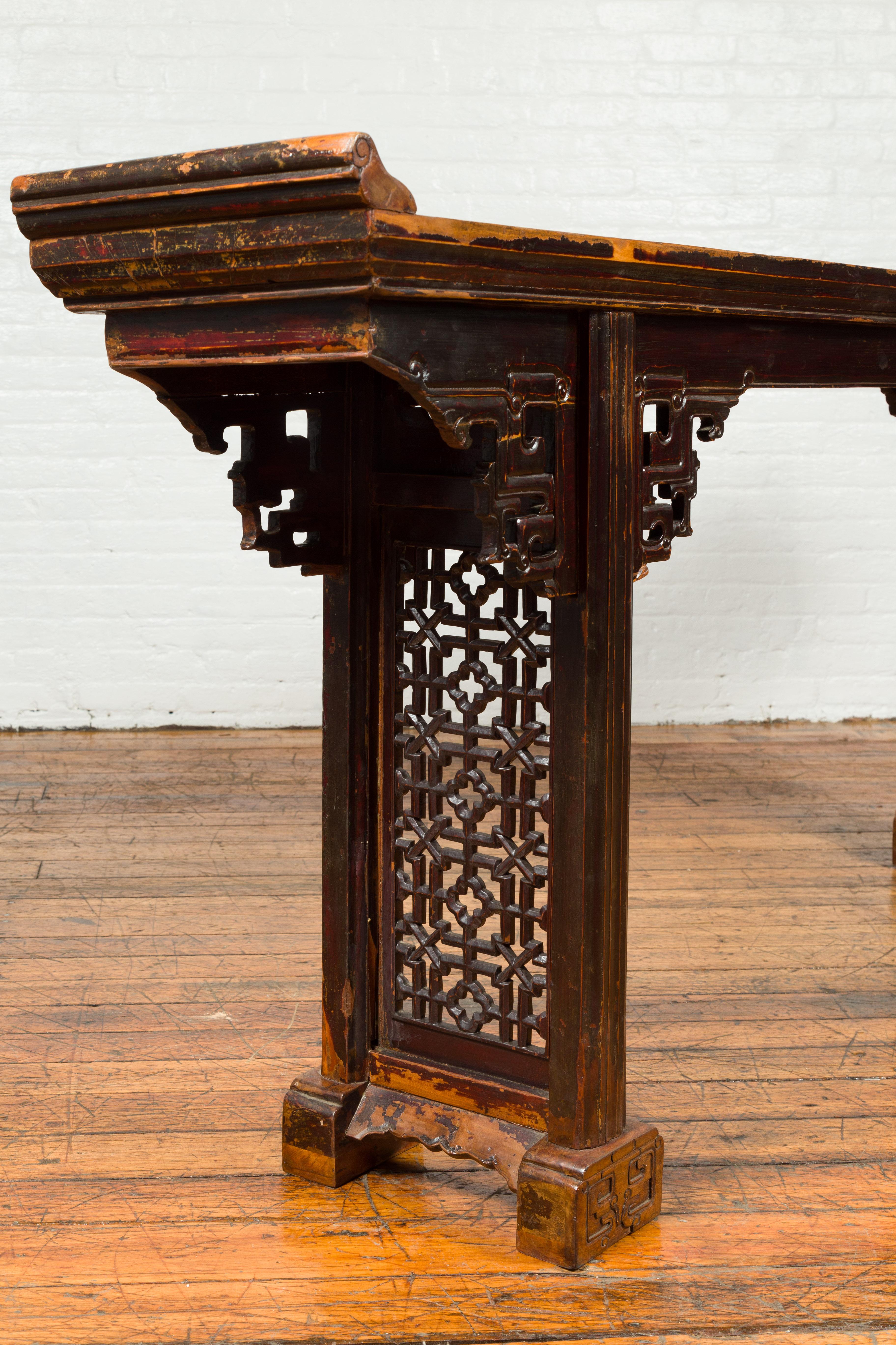 Antique Chinese Qing Altar Table with Hand Carved Spandrels and Dark Patina 6