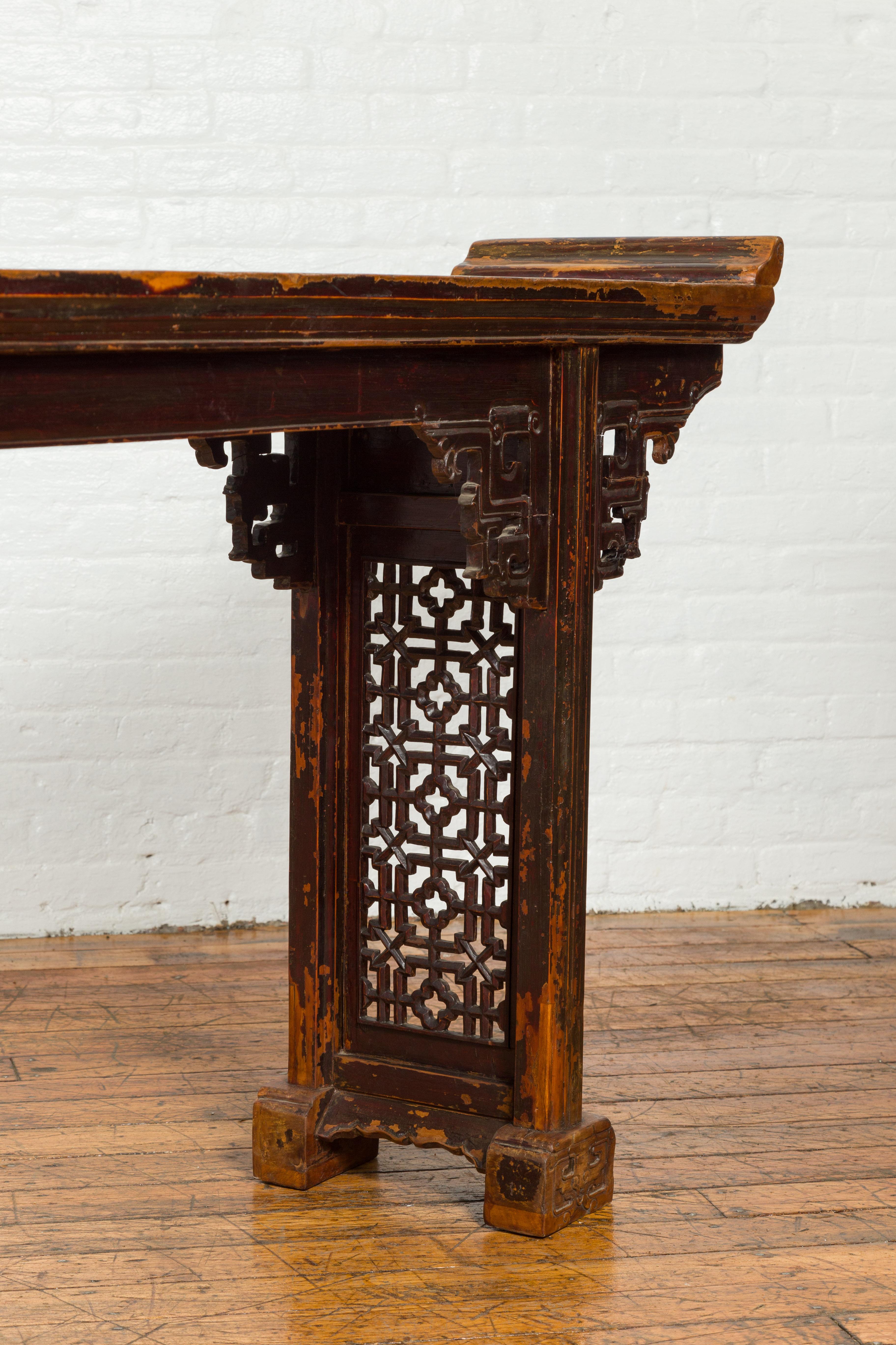 Antique Chinese Qing Altar Table with Hand Carved Spandrels and Dark Patina 7