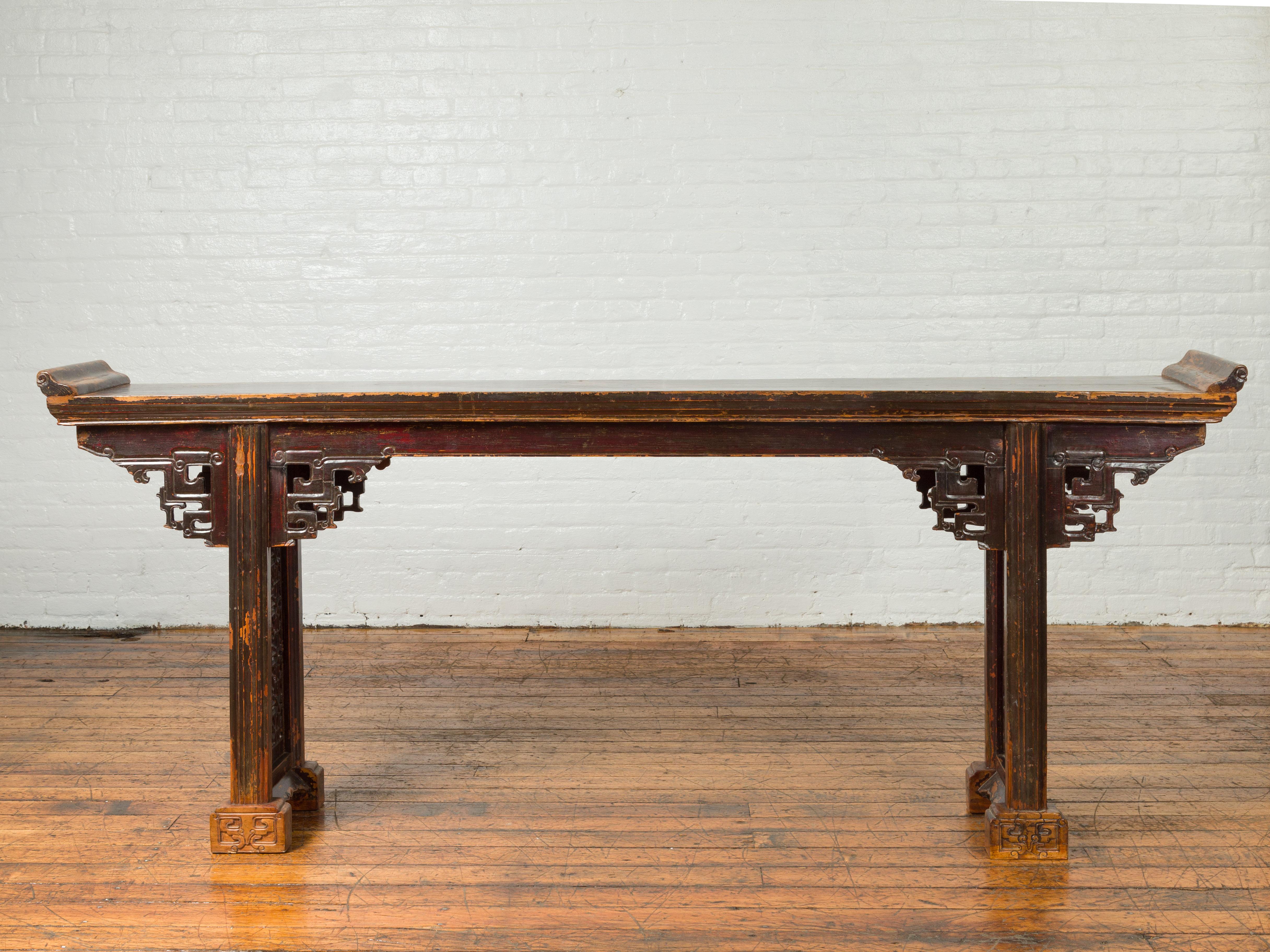 Antique Chinese Qing Altar Table with Hand Carved Spandrels and Dark Patina 11