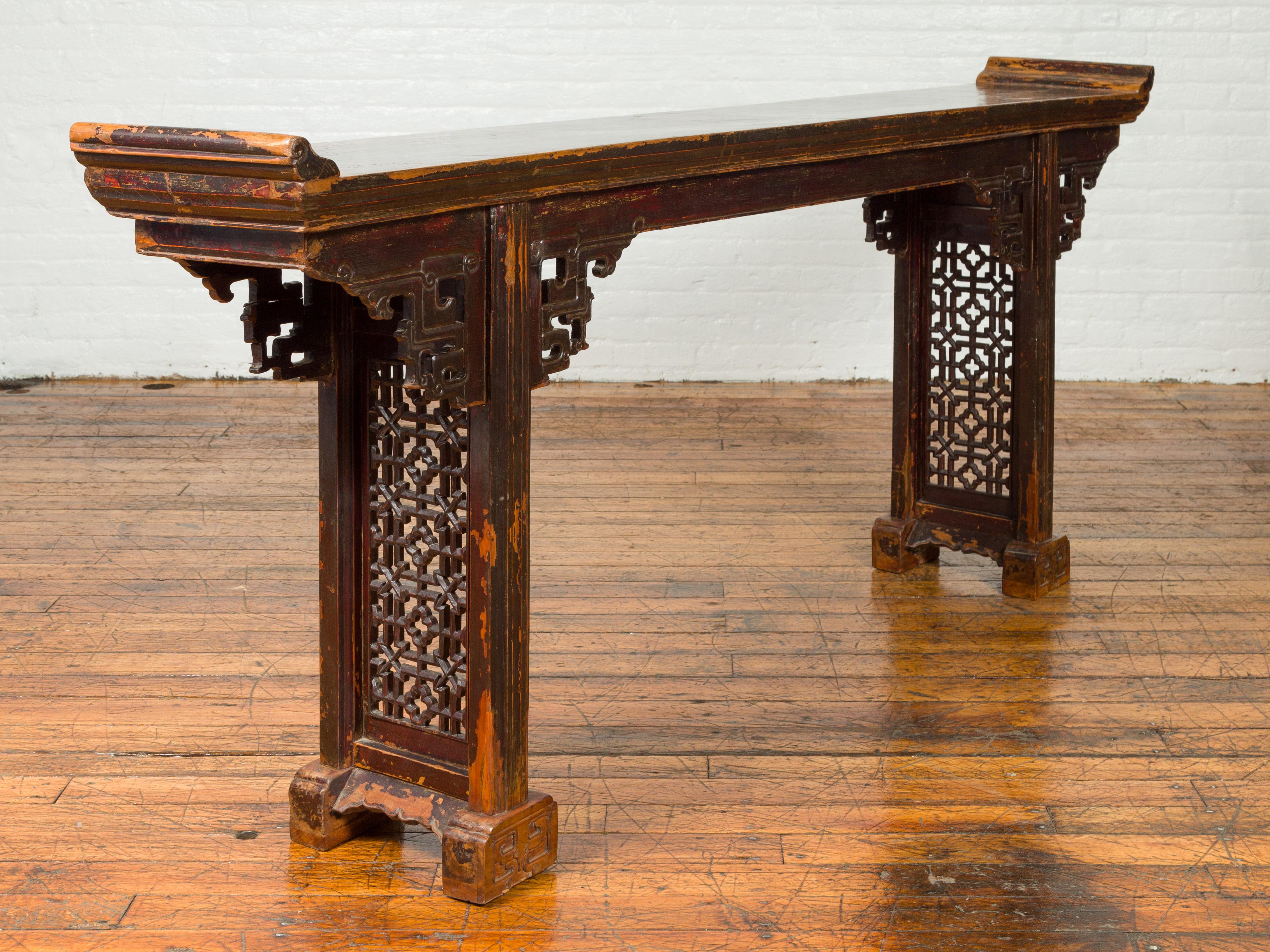 Antique Chinese Qing Altar Table with Hand Carved Spandrels and Dark Patina 12