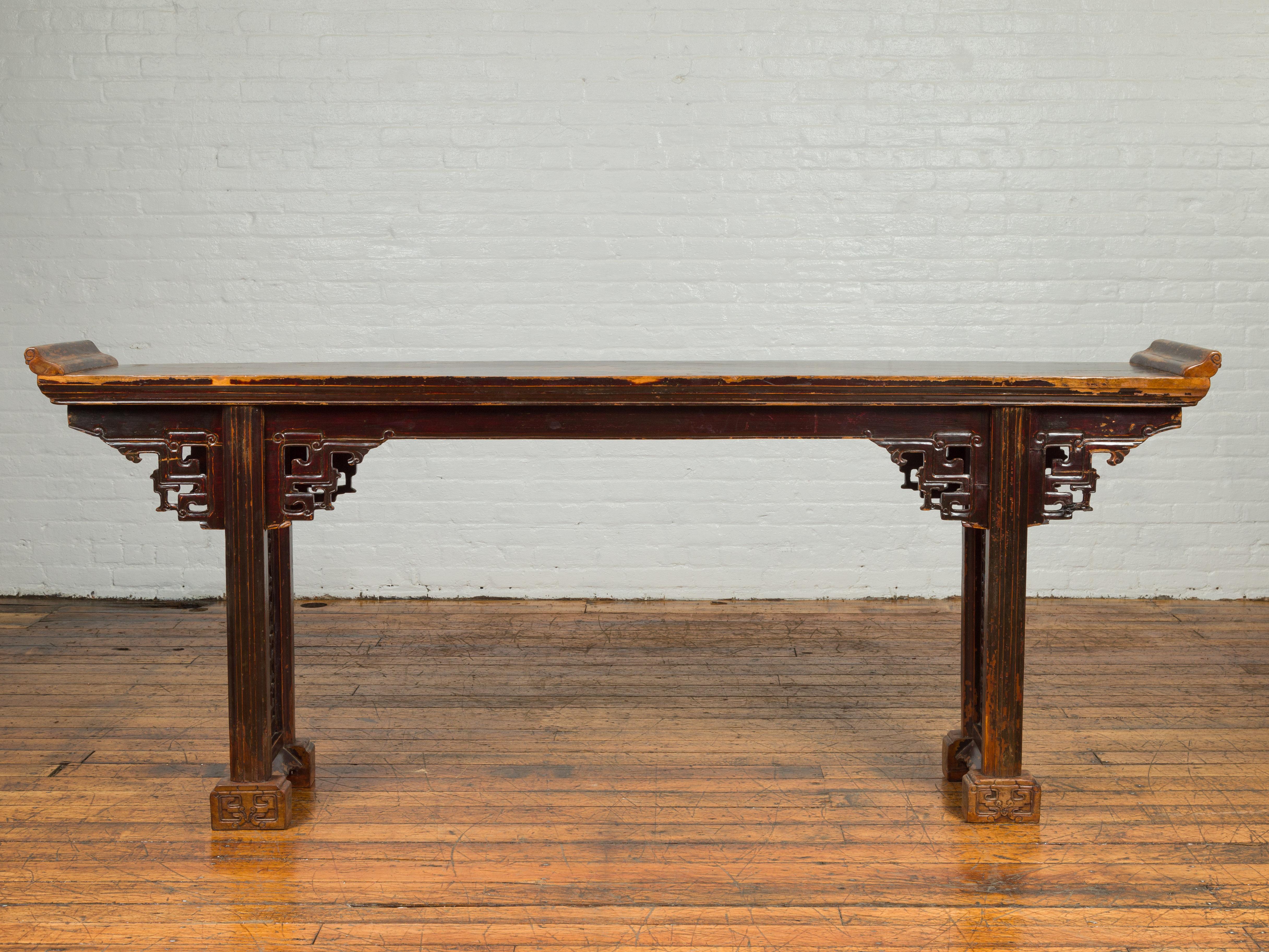 Hand-Carved Antique Chinese Qing Altar Table with Hand Carved Spandrels and Dark Patina