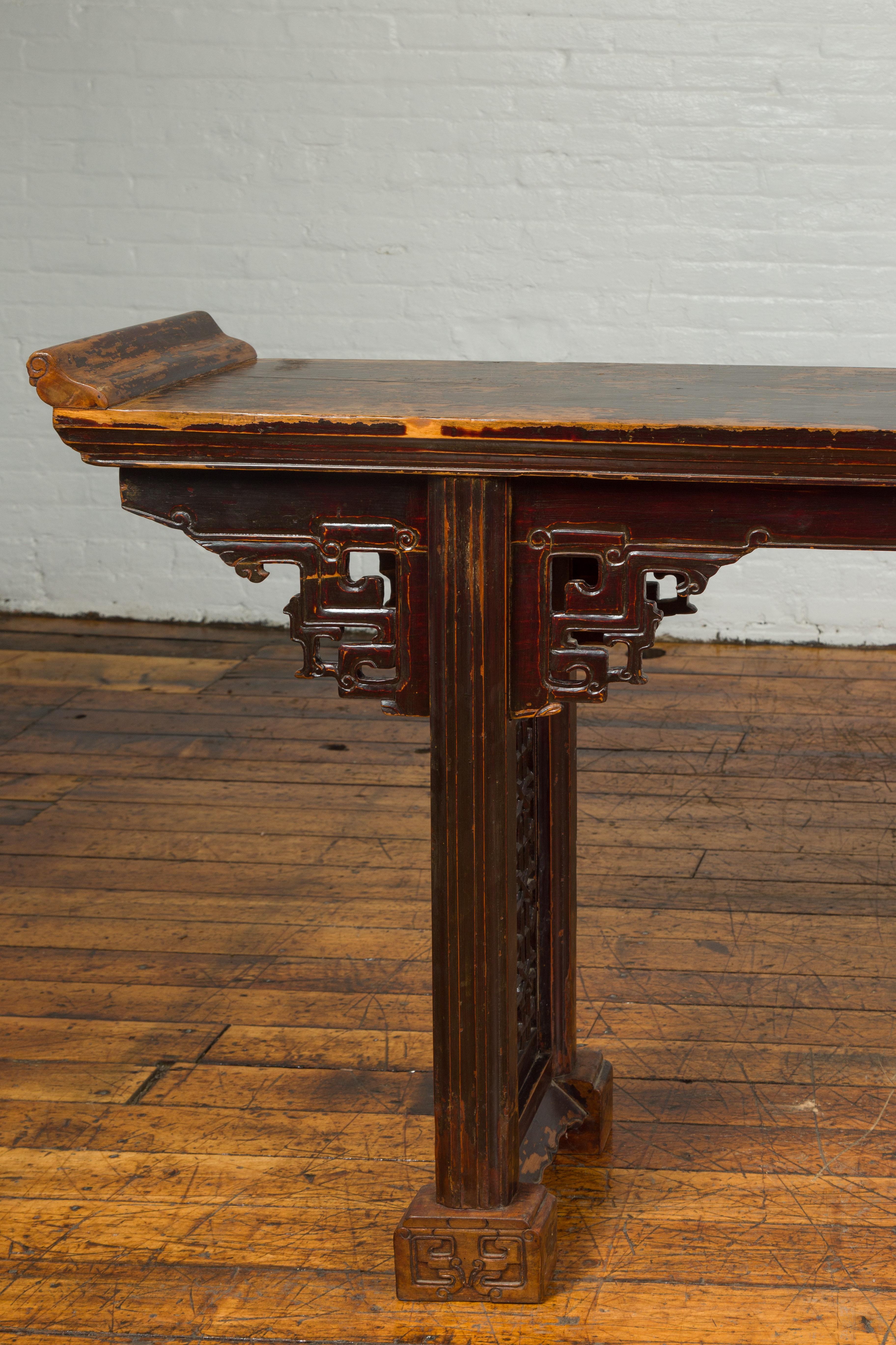 19th Century Antique Chinese Qing Altar Table with Hand Carved Spandrels and Dark Patina