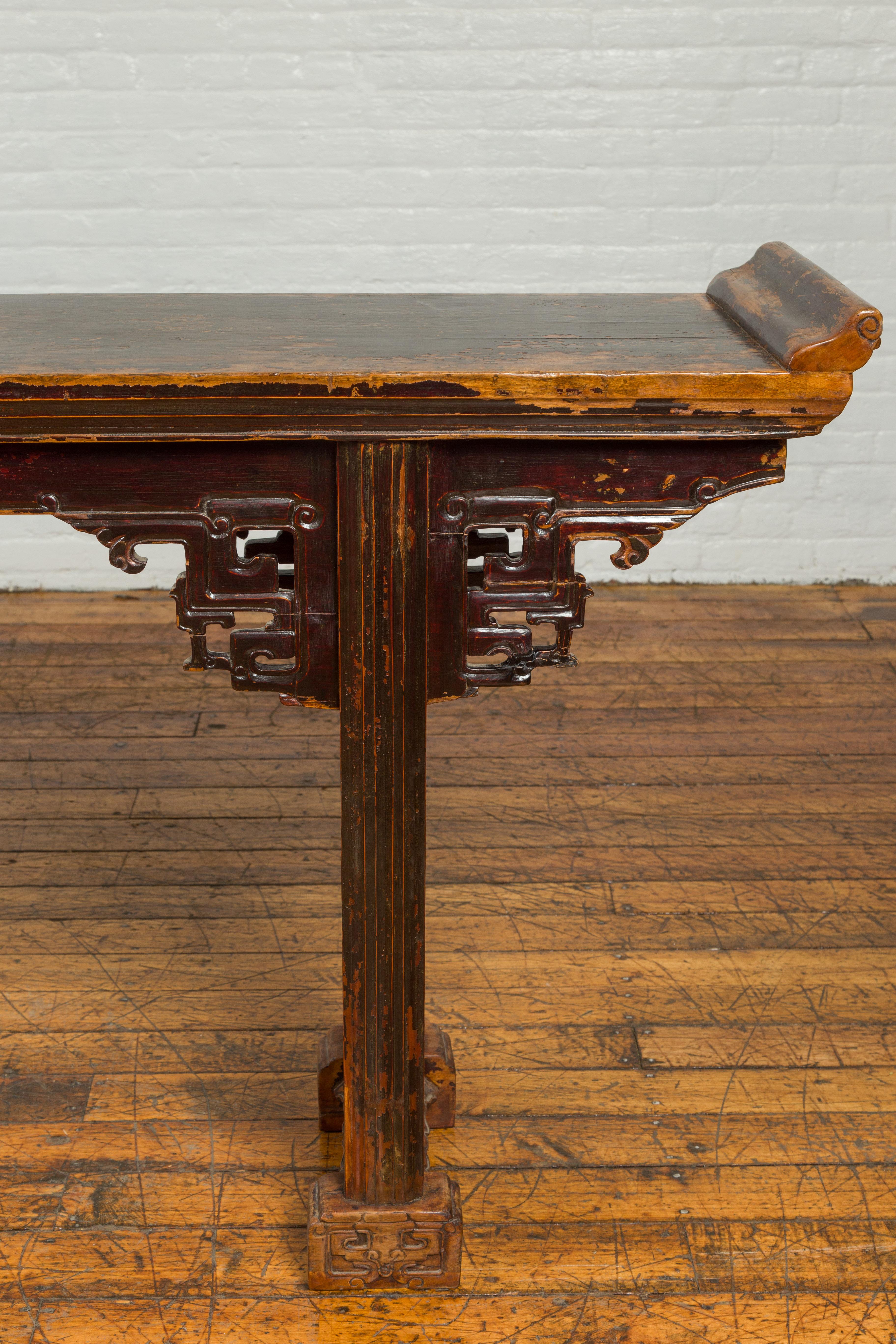 Wood Antique Chinese Qing Altar Table with Hand Carved Spandrels and Dark Patina
