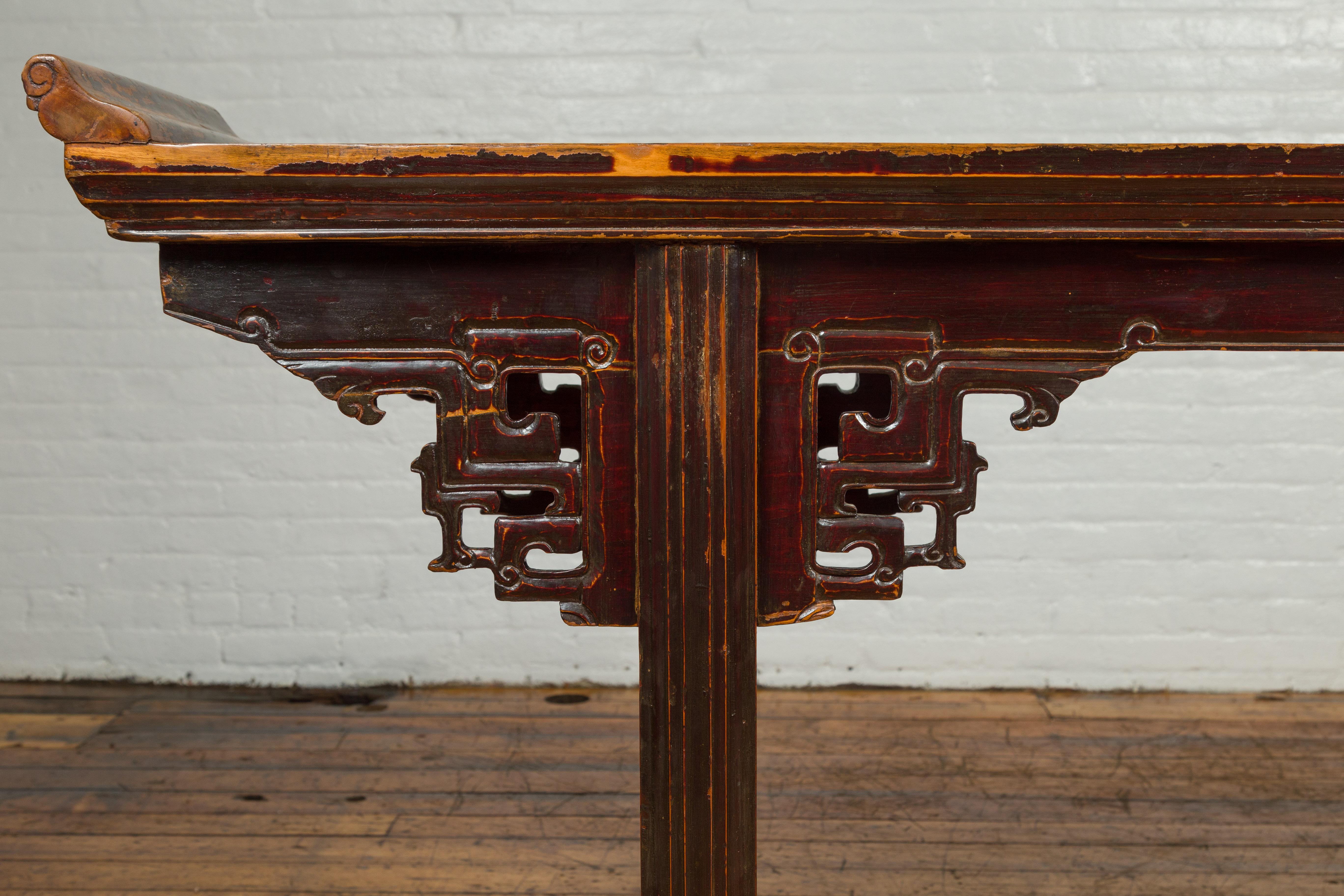 Antique Chinese Qing Altar Table with Hand Carved Spandrels and Dark Patina 1