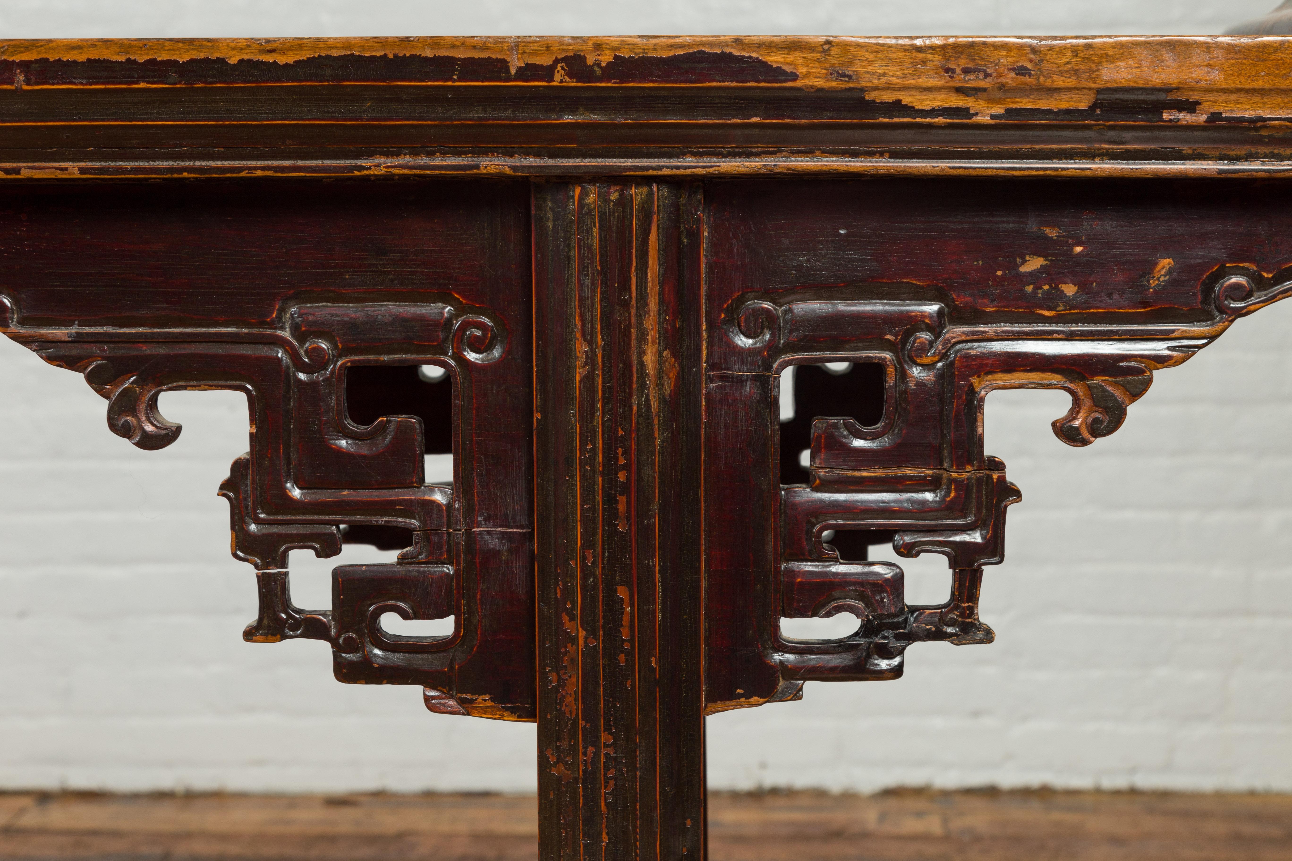 Antique Chinese Qing Altar Table with Hand Carved Spandrels and Dark Patina 3